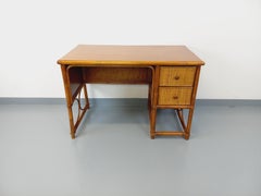 Bureau vintage en rotin, rotin tressé et bois style Maugrion pour Roche-Bobois