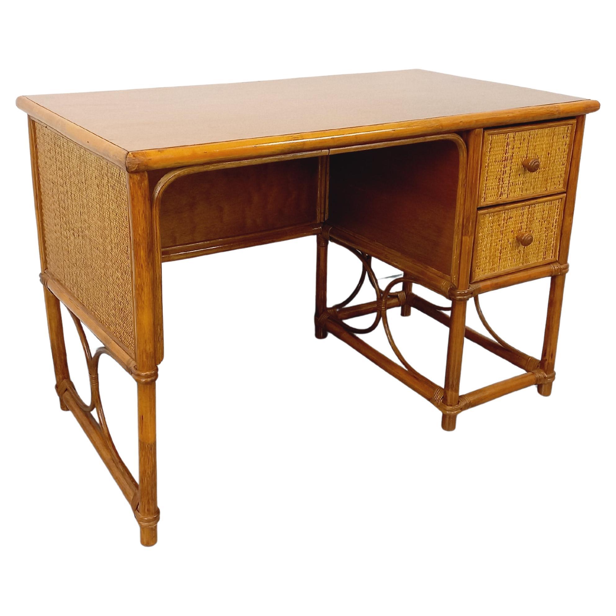 Ufficio vintage in rotin, rotin tressé e bois stile Maugrion per Roche Bobois in vendita