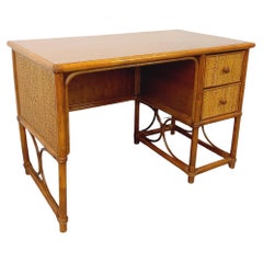 Bureau vintage en rotin, rotin tressé et bois style Maugrion pour Roche-Bobois