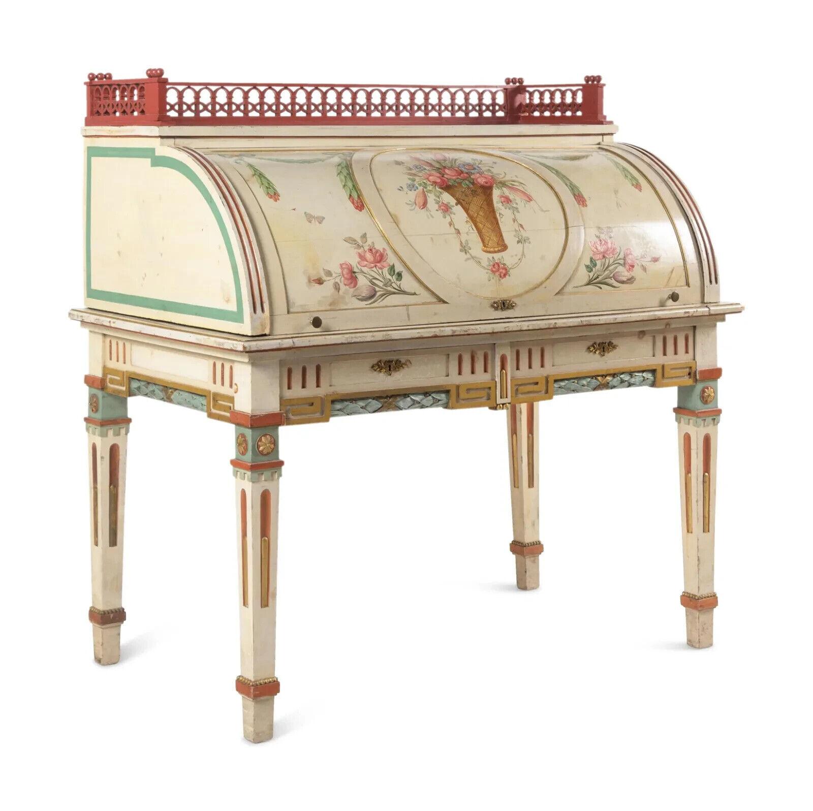 Gorgeous Antique Bureau, Writing Desk, Continental, Polychrome-Painted, Cylinder, circa 1900, Early 20th century!!

A Continental Polychrome-Painted Cylinder Bureau, Late 19th/Early 20th century, Height 51 1/2 x width 51 1/4 x depth 30