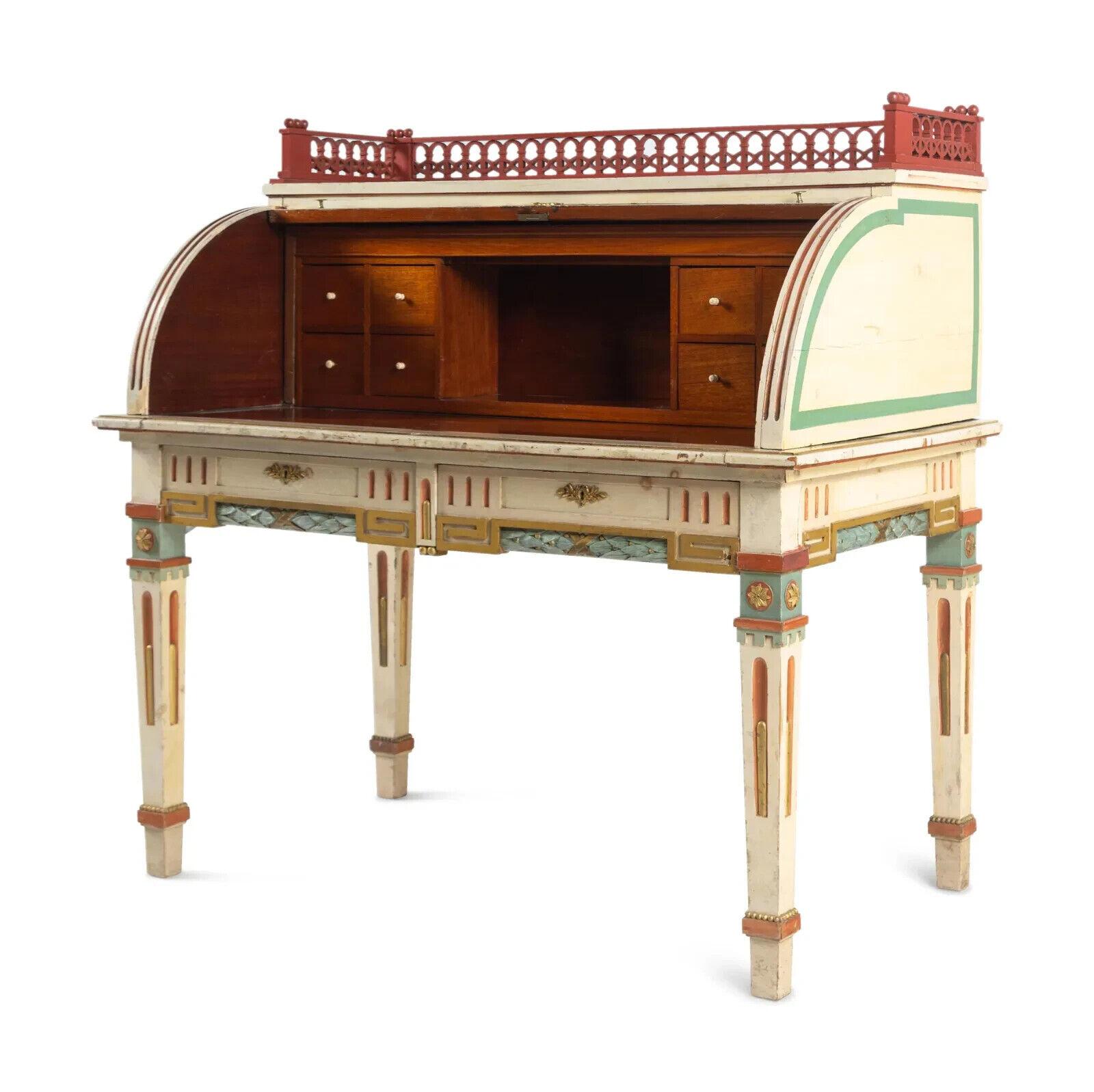 Carved Bureau, Writing Desk, Continental, Polychrome-Painted, Cylinder, circa 1900!!