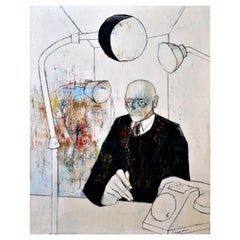 Manager Acrylic Painting, Black and White Design, Signed, Circa 1967