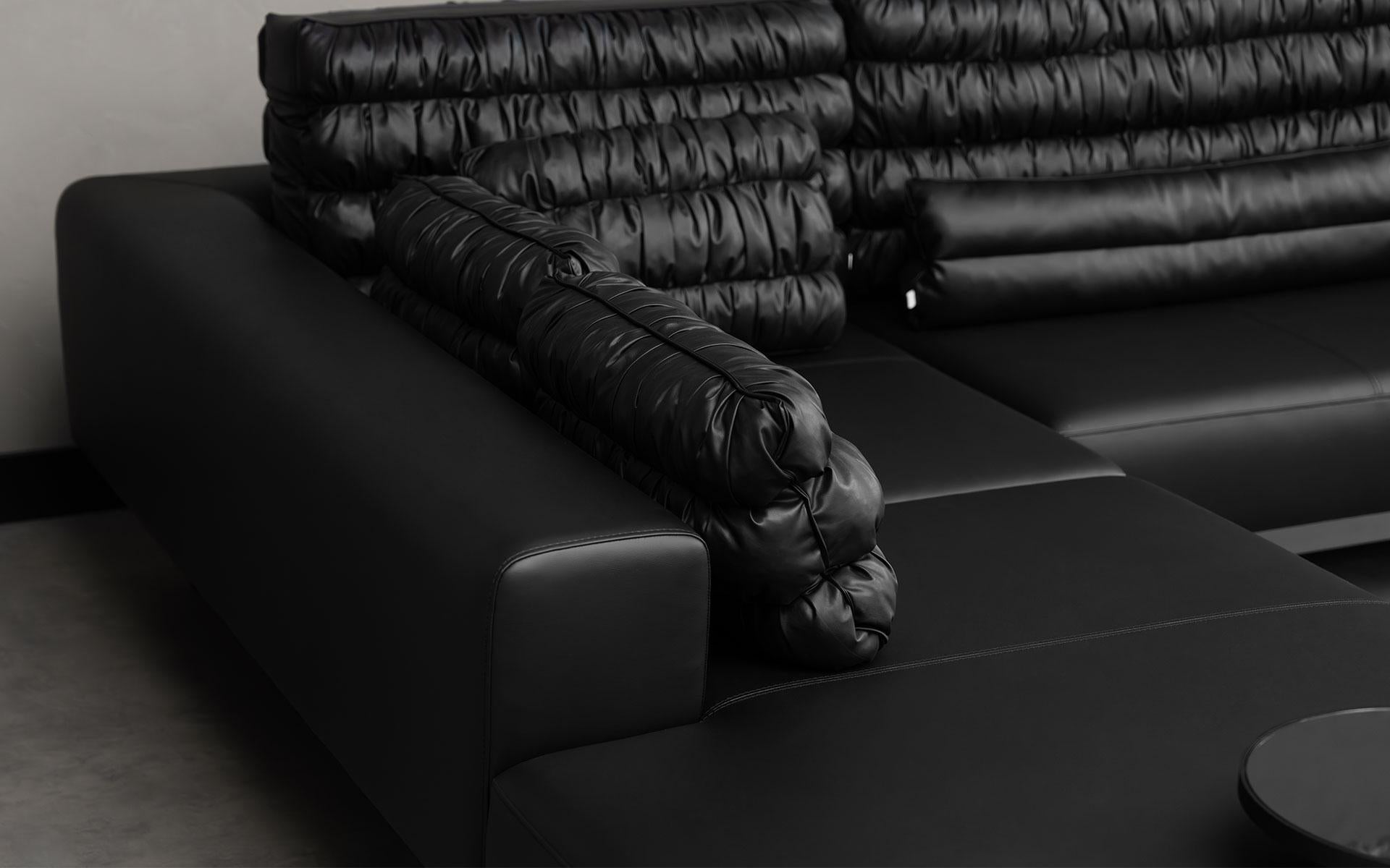 Buredo Canapé d'angle moderne en simili cuir noir avec pieds en métal en vente 5