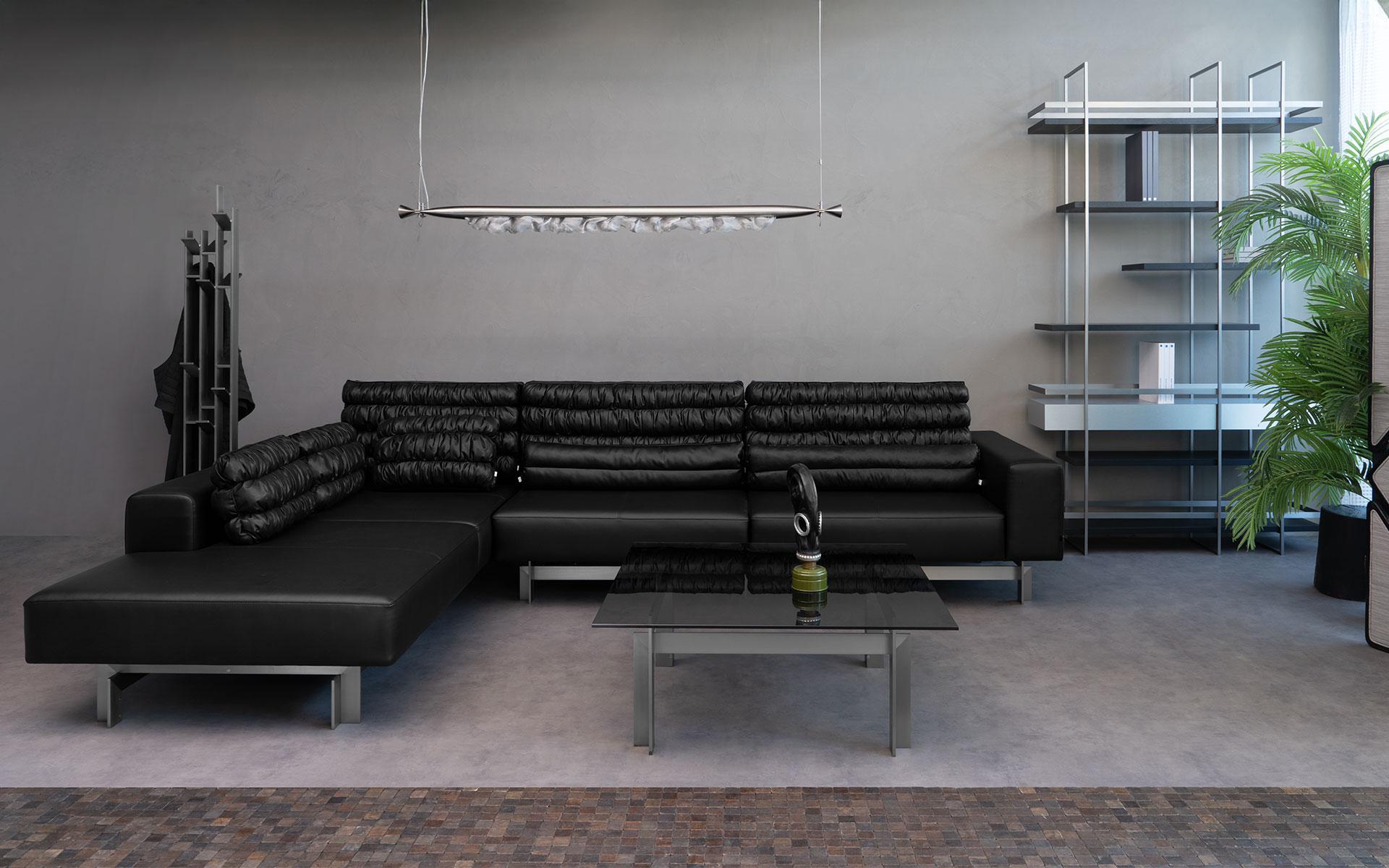 Buredo Canapé d'angle moderne en simili cuir noir avec pieds en métal en vente 6