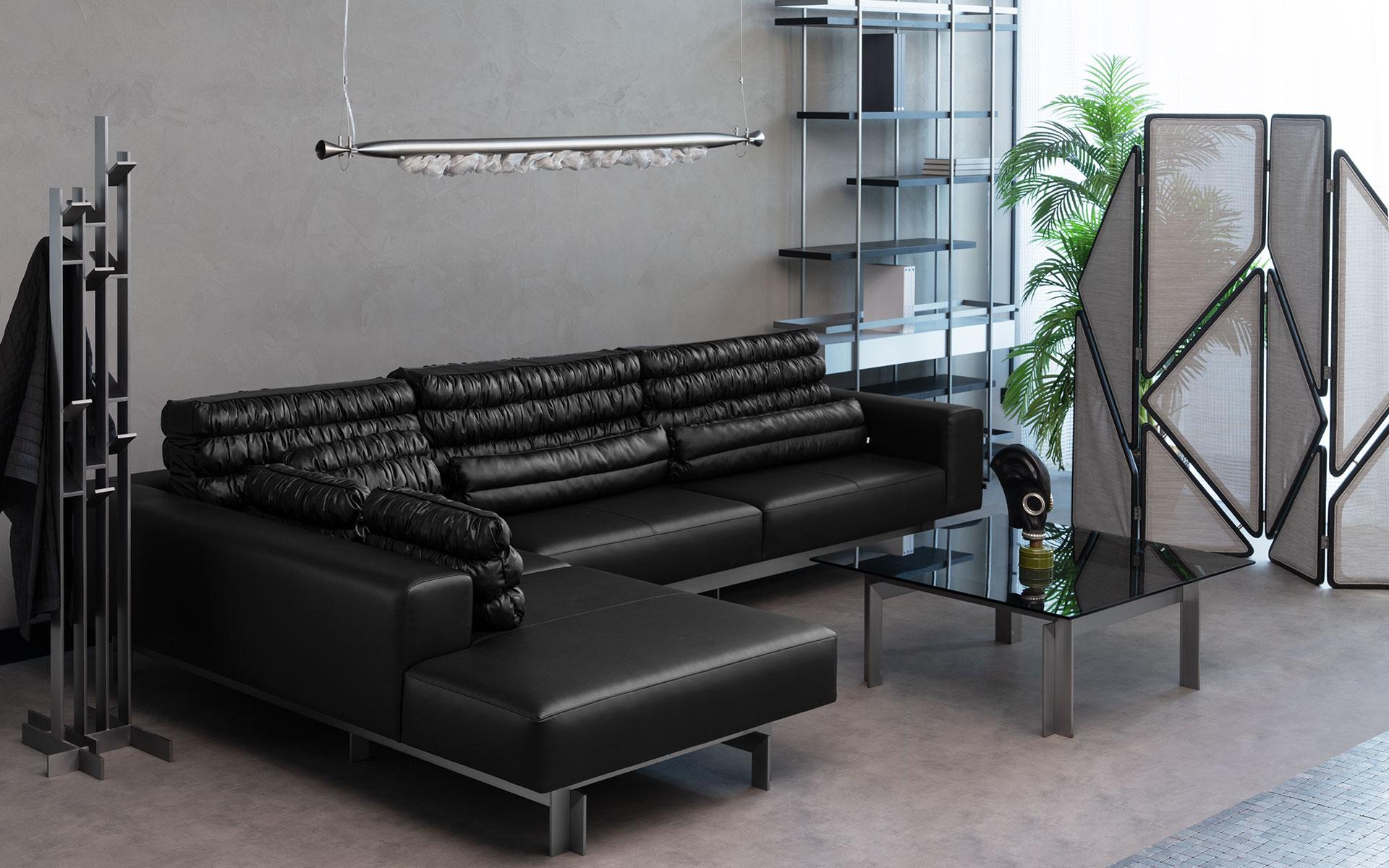 Buredo Canapé d'angle moderne en simili cuir noir avec pieds en métal en vente 7