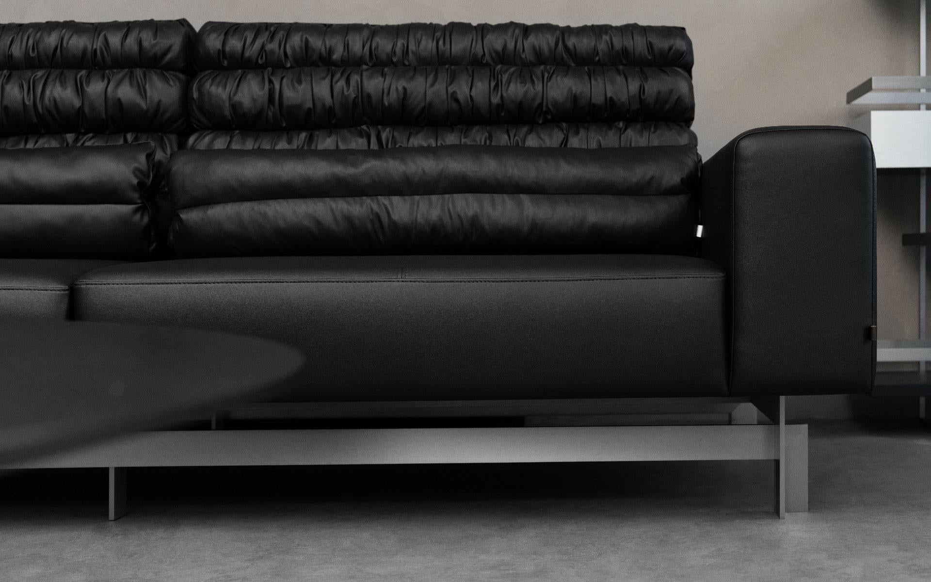 Métal Buredo Canapé d'angle moderne en simili cuir noir avec pieds en métal en vente