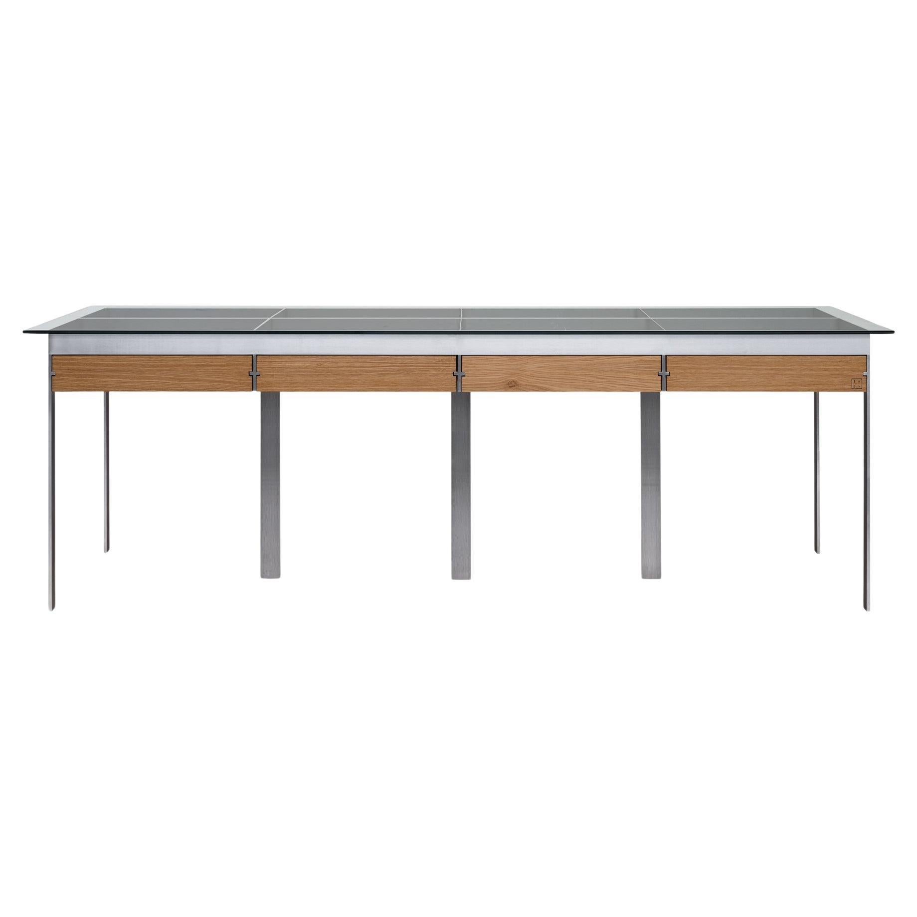 Buredo Glass-Top Drawer Showcase Table with Metal Leg