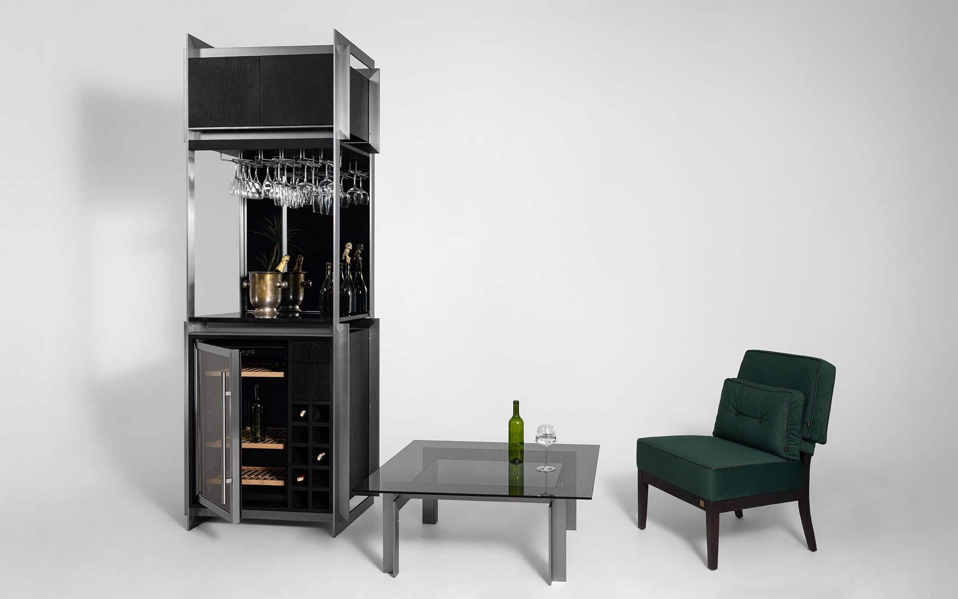Burēdo Modern Bar Cabinet with Metal Skeleton Marble Top Mirrored Back For Sale 9