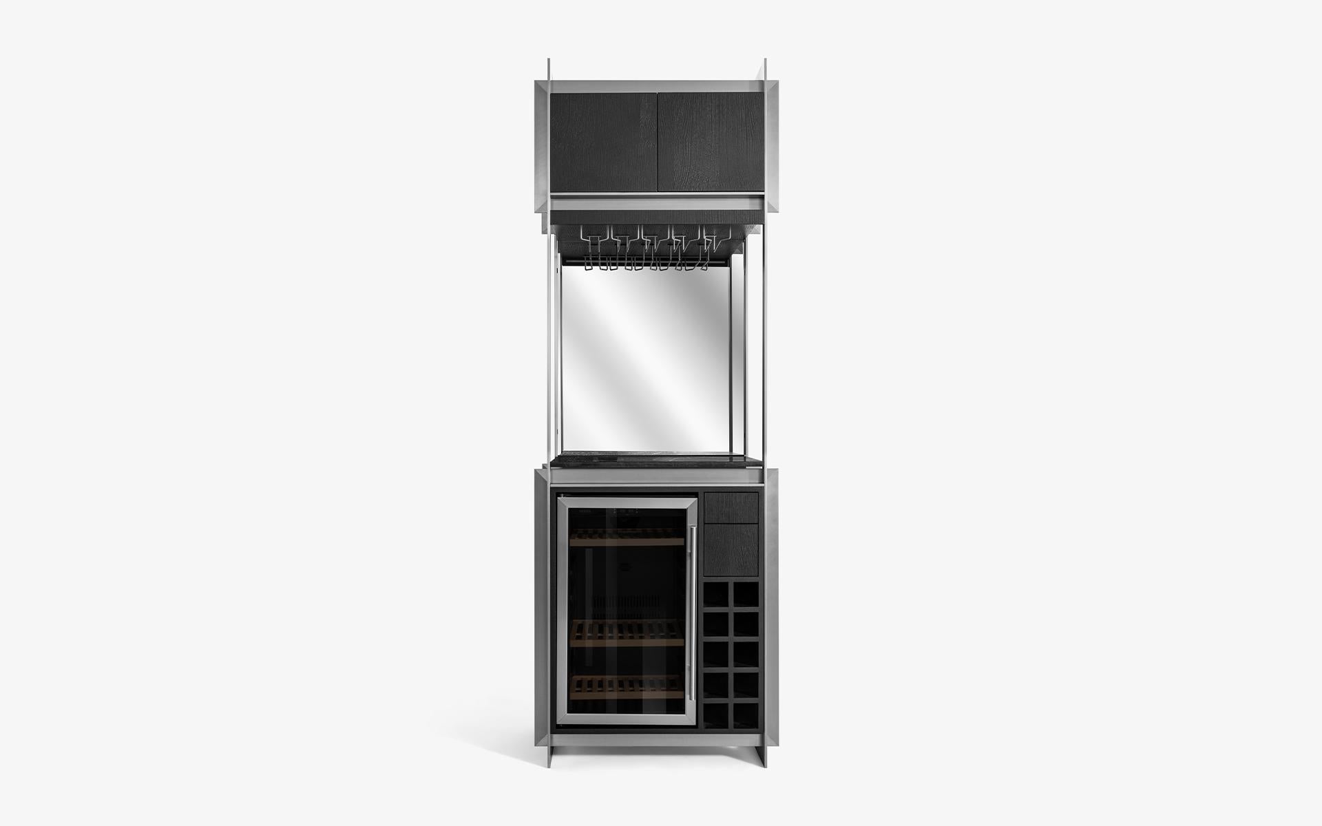 Turkish Burēdo Modern Bar Cabinet with Metal Skeleton Marble Top Mirrored Back For Sale