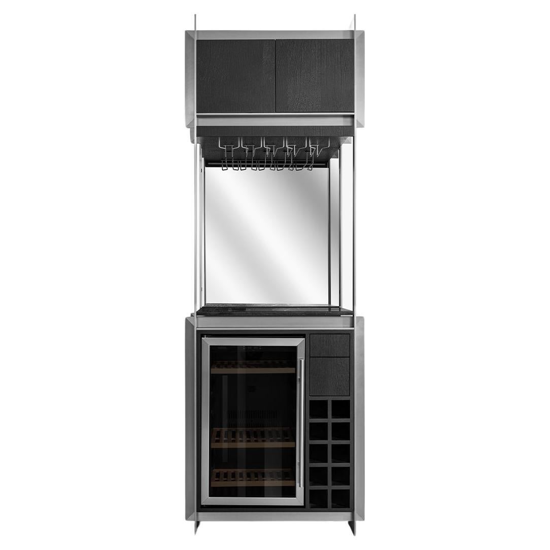 Burēdo Modern Bar Cabinet with Metal Skeleton Marble Top Mirrored Back For Sale