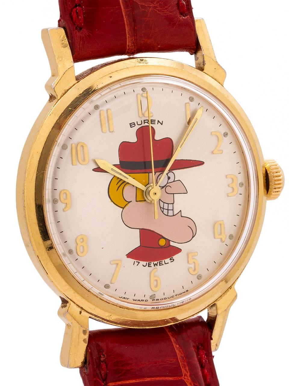 
Scarce and great condition example Dudley Do-Right 17 jewel manual wind adult size 33mm Swiss made model by Buren. The original dial features the beloved Jay Ward cartoon series Rocky and Bullwinkle character Dudley Do-Right. The silvered dial is