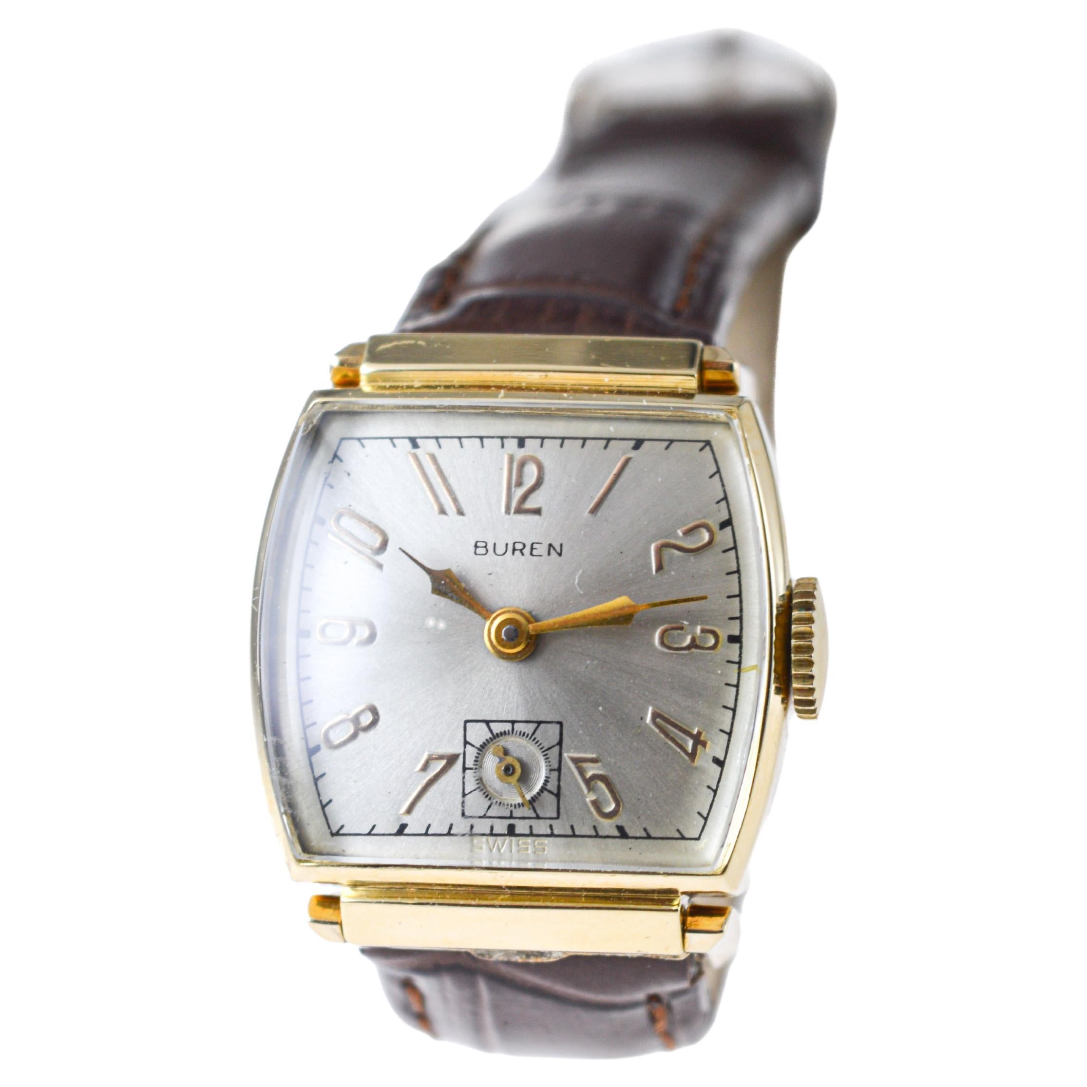 Buren Gold Filled Art Deco Watch with Articulated Lugs From the 1940's For Sale 1