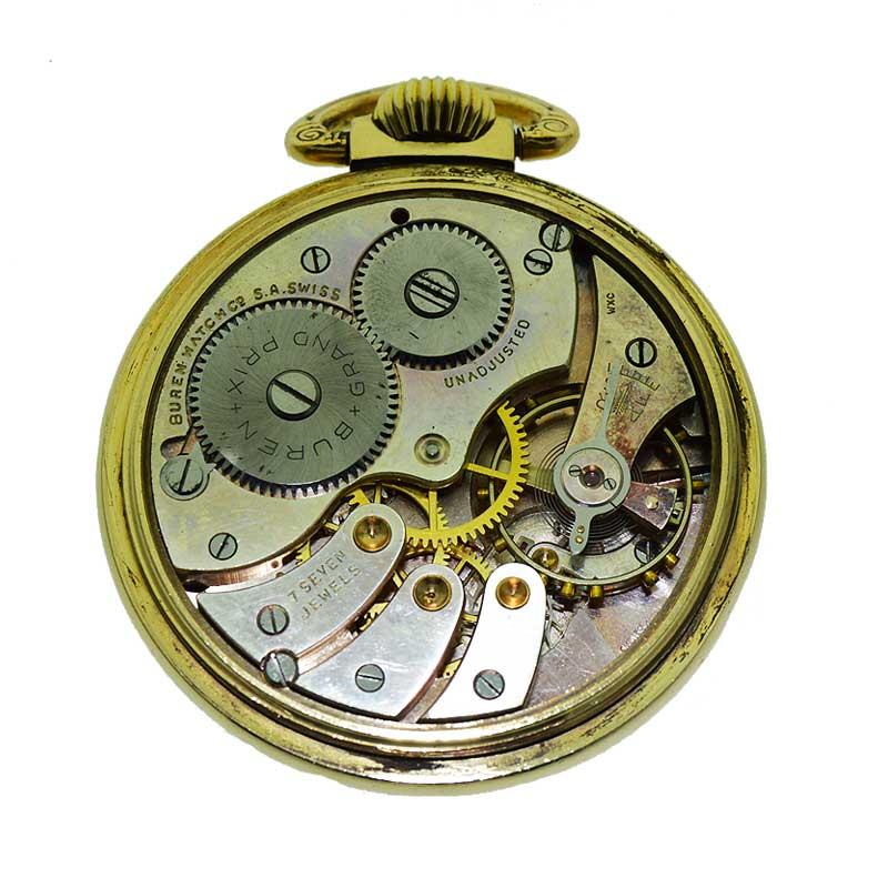 Buren Open Faced Art Deco Pocket Watch with Original Enamel Dial, circa 1930s 1