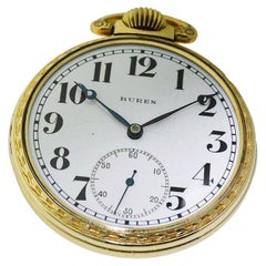 Buren Open Faced Art Deco Pocket Watch with Original Enamel Dial, circa 1930s