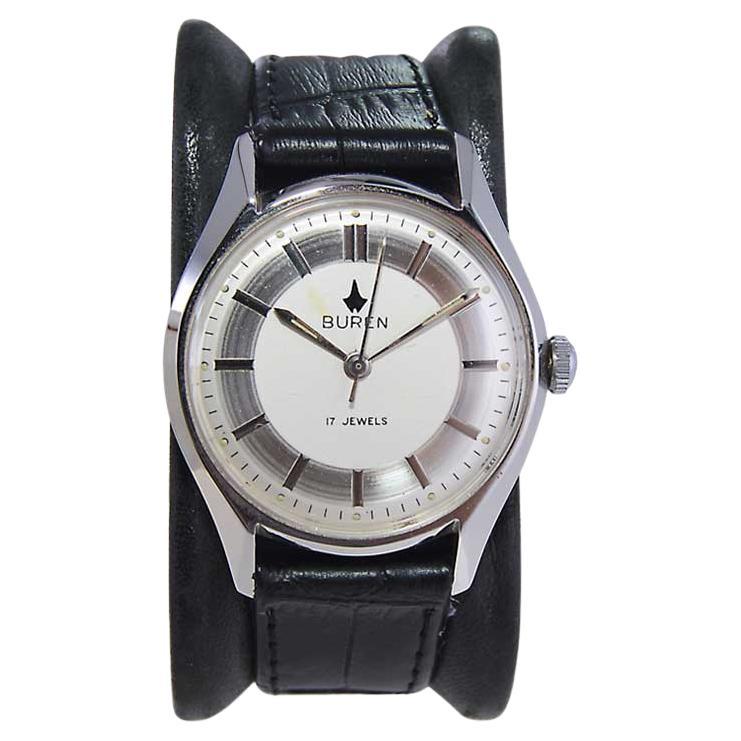 Buren Steel Art Deco Round Watch in New Old Stock Condition from 1960's For Sale