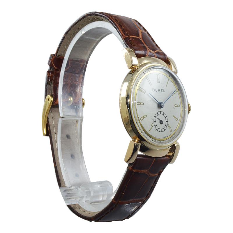 Buren Watch Company 14 Karat Solid Gold Art Deco Watch, circa 1930s In Excellent Condition For Sale In Long Beach, CA
