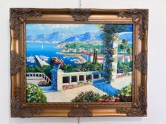 Italian Artist Burett Mediterranean Coastal Landscape painting, Gold Frame