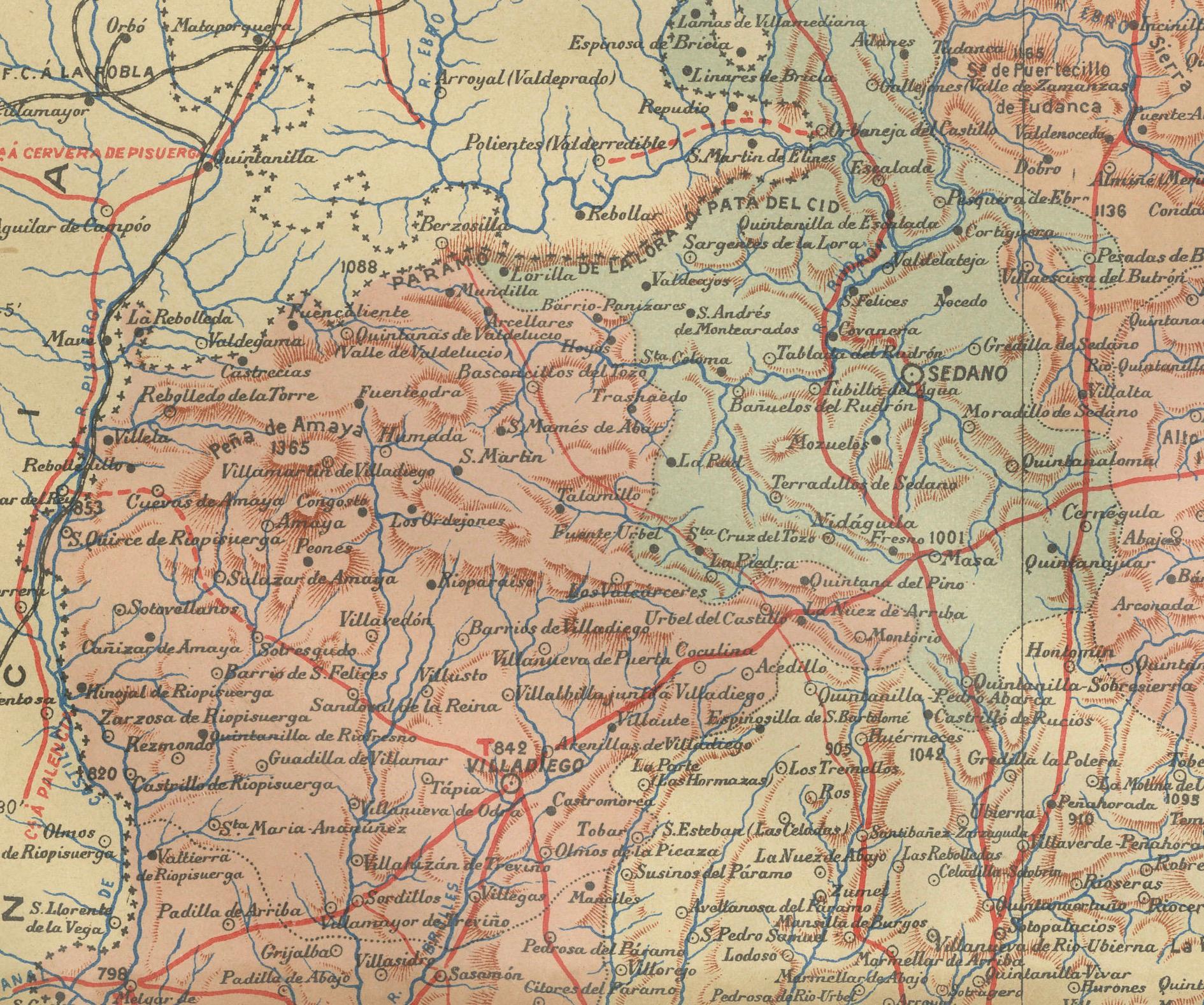 The map of the province of Burgos in the autonomous community of Castile and León in Spain, dated 1902. It includes the following features:

The map highlights the varied terrain with the northern part of the province being more mountainous, which
