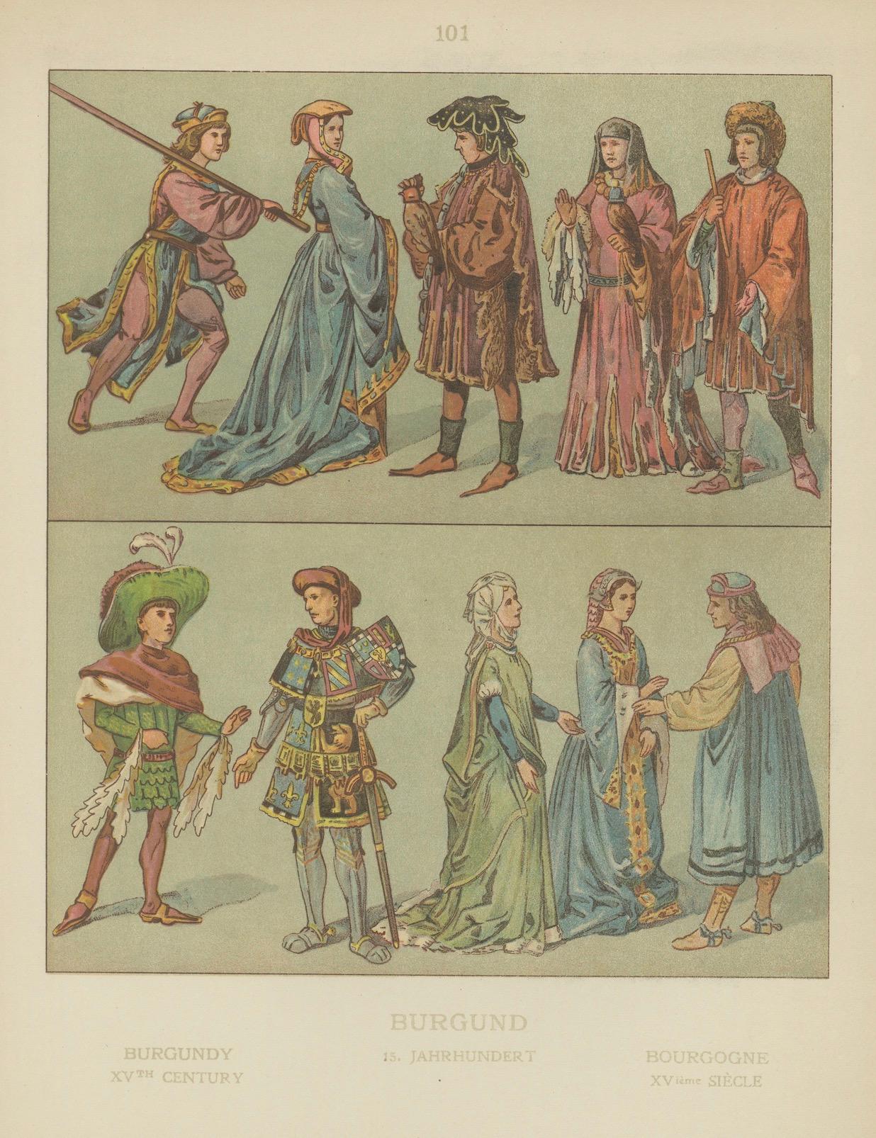 Allemand Costume bourguignon de l'époque de la Renaissance, estampe ancienne du XVe siècle, publiée vers 1880 en vente