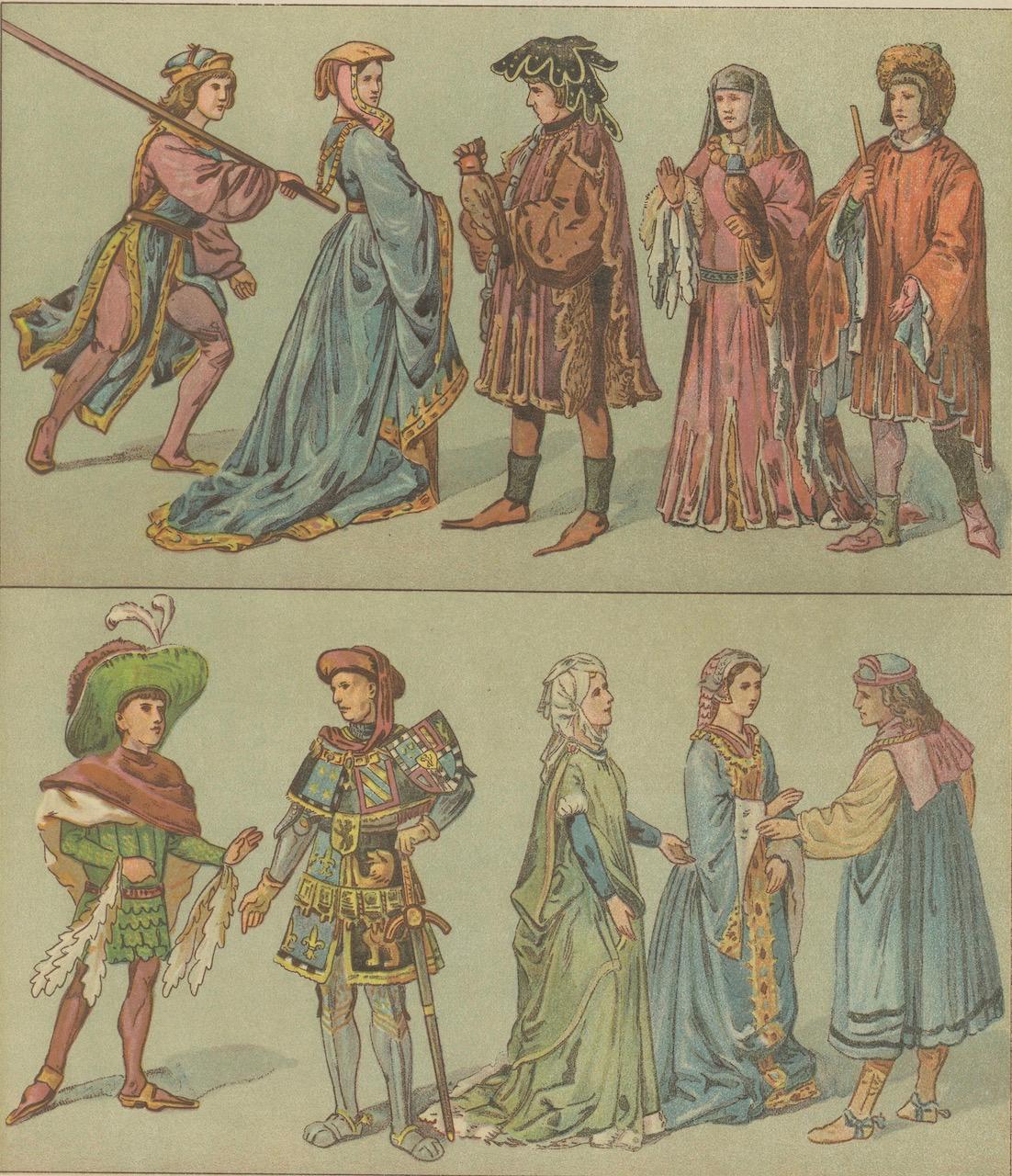 Costume bourguignon de l'époque de la Renaissance, estampe ancienne du XVe siècle, publiée vers 1880 Bon état - En vente à Langweer, NL