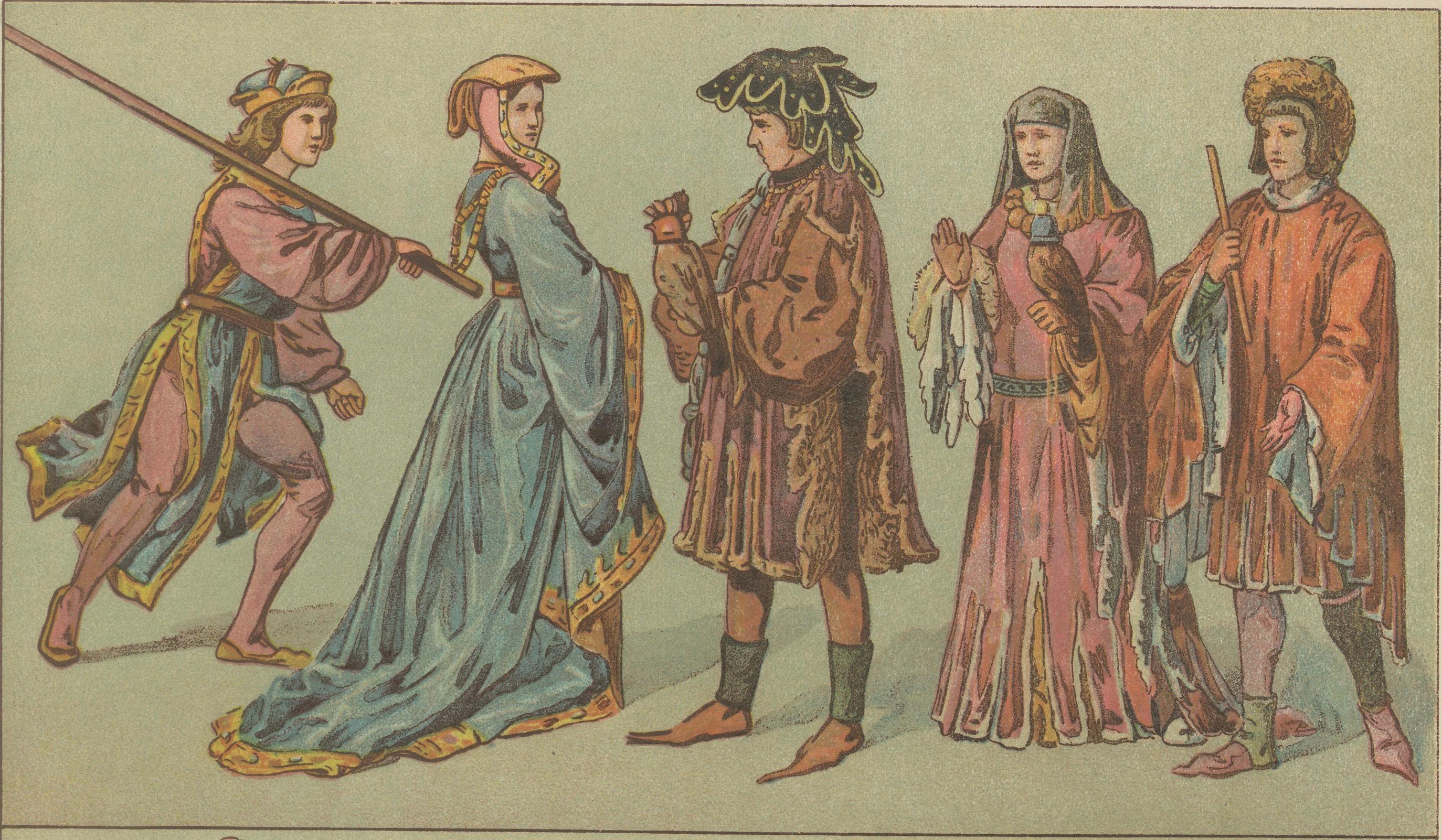 Fin du XIXe siècle Costume bourguignon de l'époque de la Renaissance, estampe ancienne du XVe siècle, publiée vers 1880 en vente