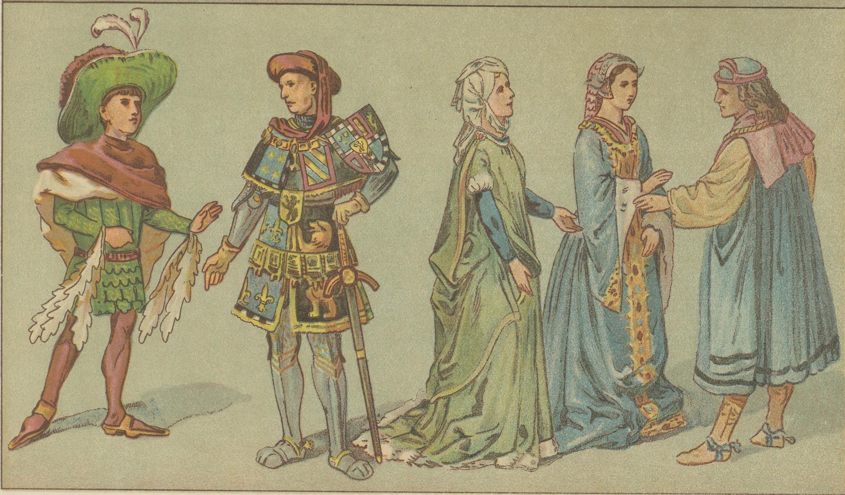 Papier Costume bourguignon de l'époque de la Renaissance, estampe ancienne du XVe siècle, publiée vers 1880 en vente