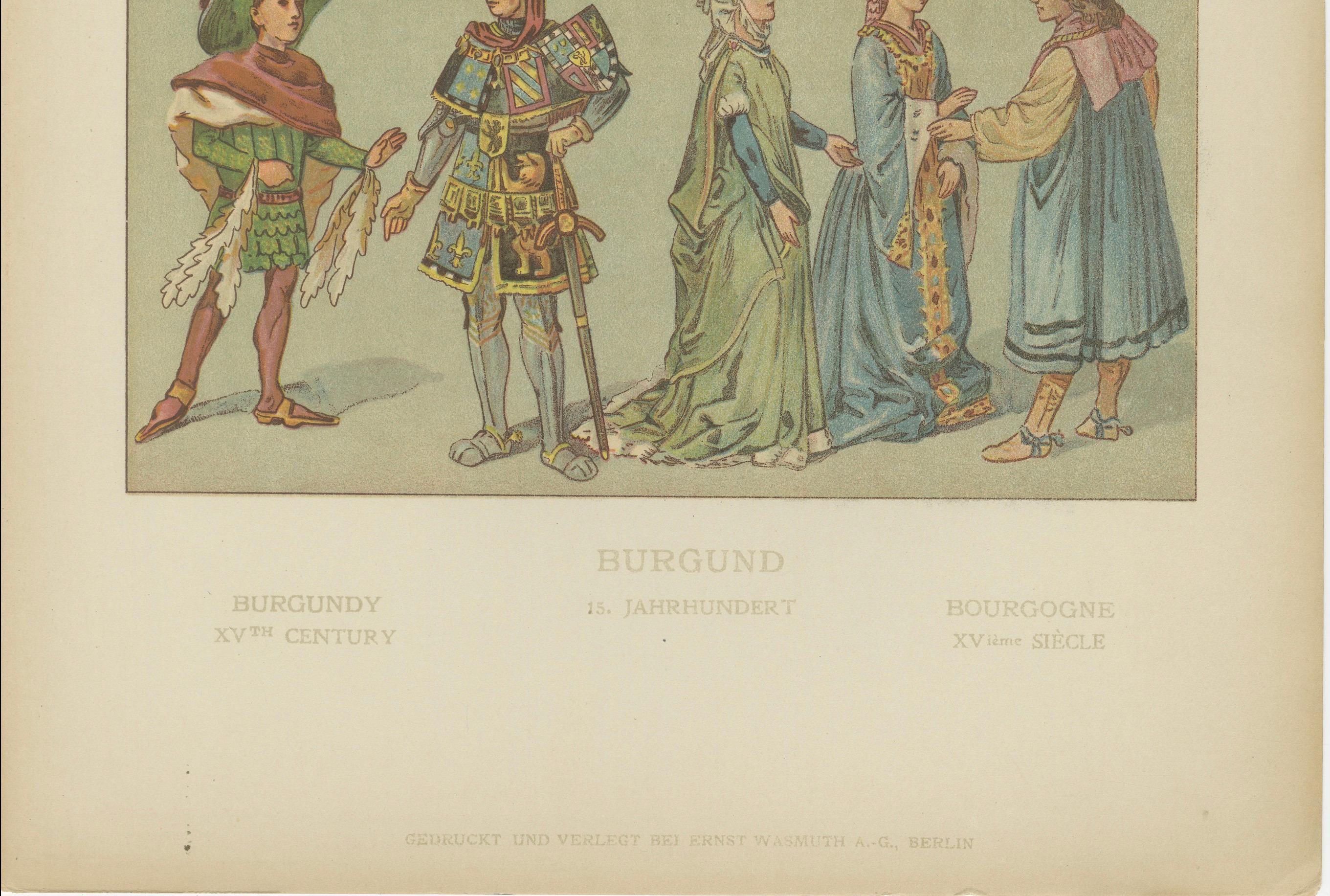 Costume bourguignon de l'époque de la Renaissance, estampe ancienne du XVe siècle, publiée vers 1880 en vente 1