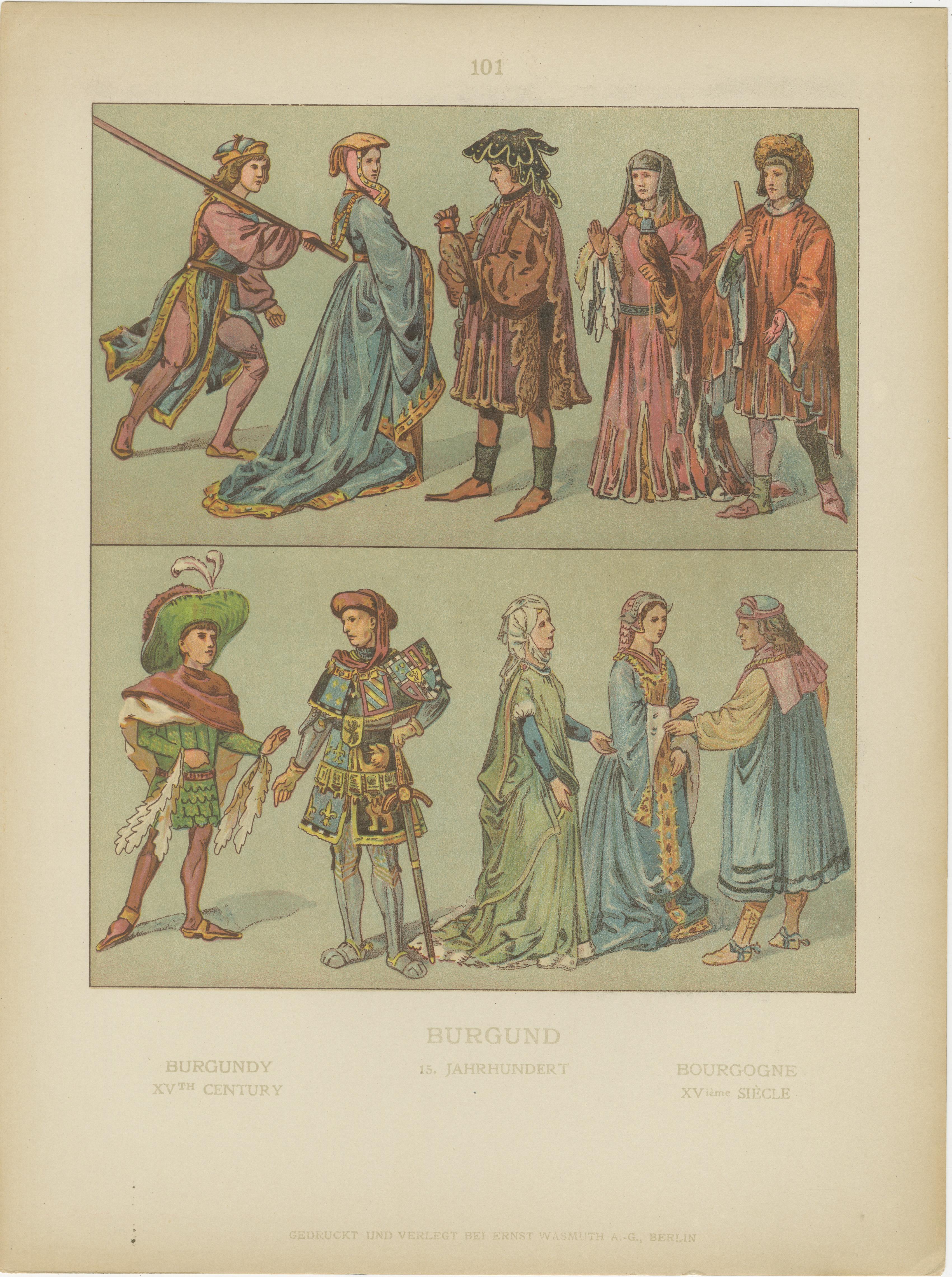 Costume bourguignon de l'époque de la Renaissance, estampe ancienne du XVe siècle, publiée vers 1880 en vente 3