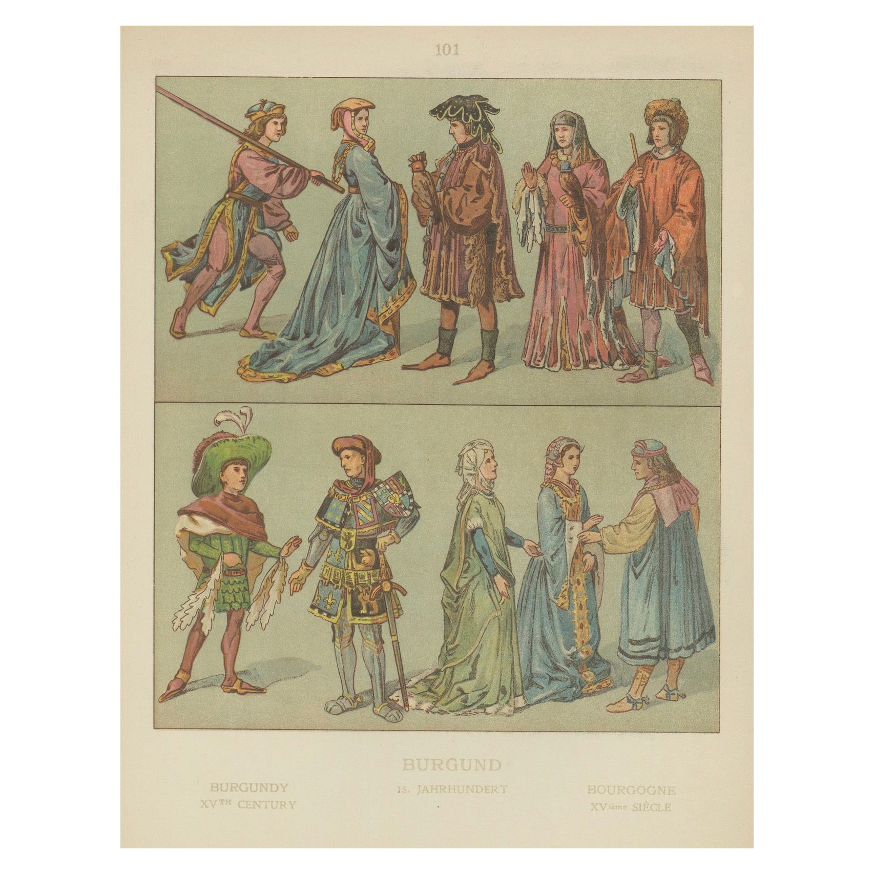 Costume bourguignon de l
époque de la Renaissance, estampe ancienne du XVe siècle, publiée vers 1880