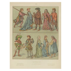 Burgundian Renaissance-Era Costume, 15th Century Antique Print, Published c.1880