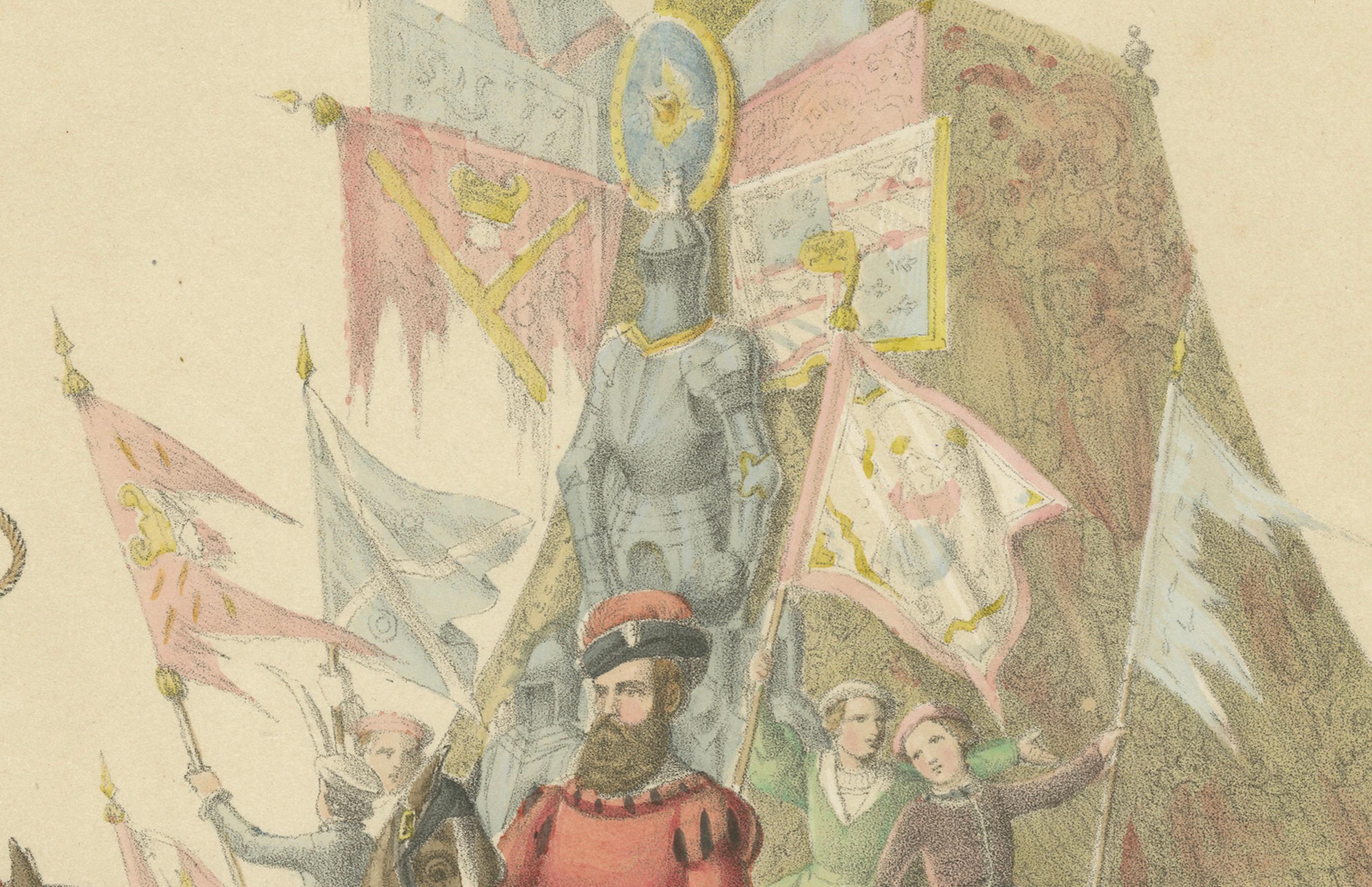 Burgundischer Triumph - Der große Festzug nach der Niederlage Karls des Kühnen  

Diese bezaubernde handkolorierte Lithografie, die von H. Jenny geschaffen und von Kümmerly und Wittmer lithografiert wurde, ist Teil des 