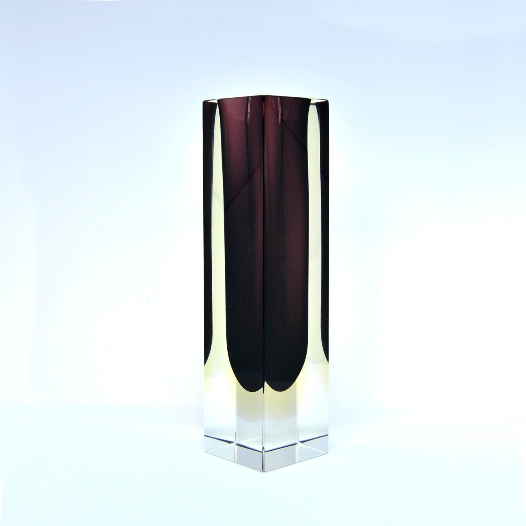 Beautiful Murano square vase form in the sommerso technique utilizing layers of burgundy and amber. Possibly by Mandruzzato. Italian, circa 1950.