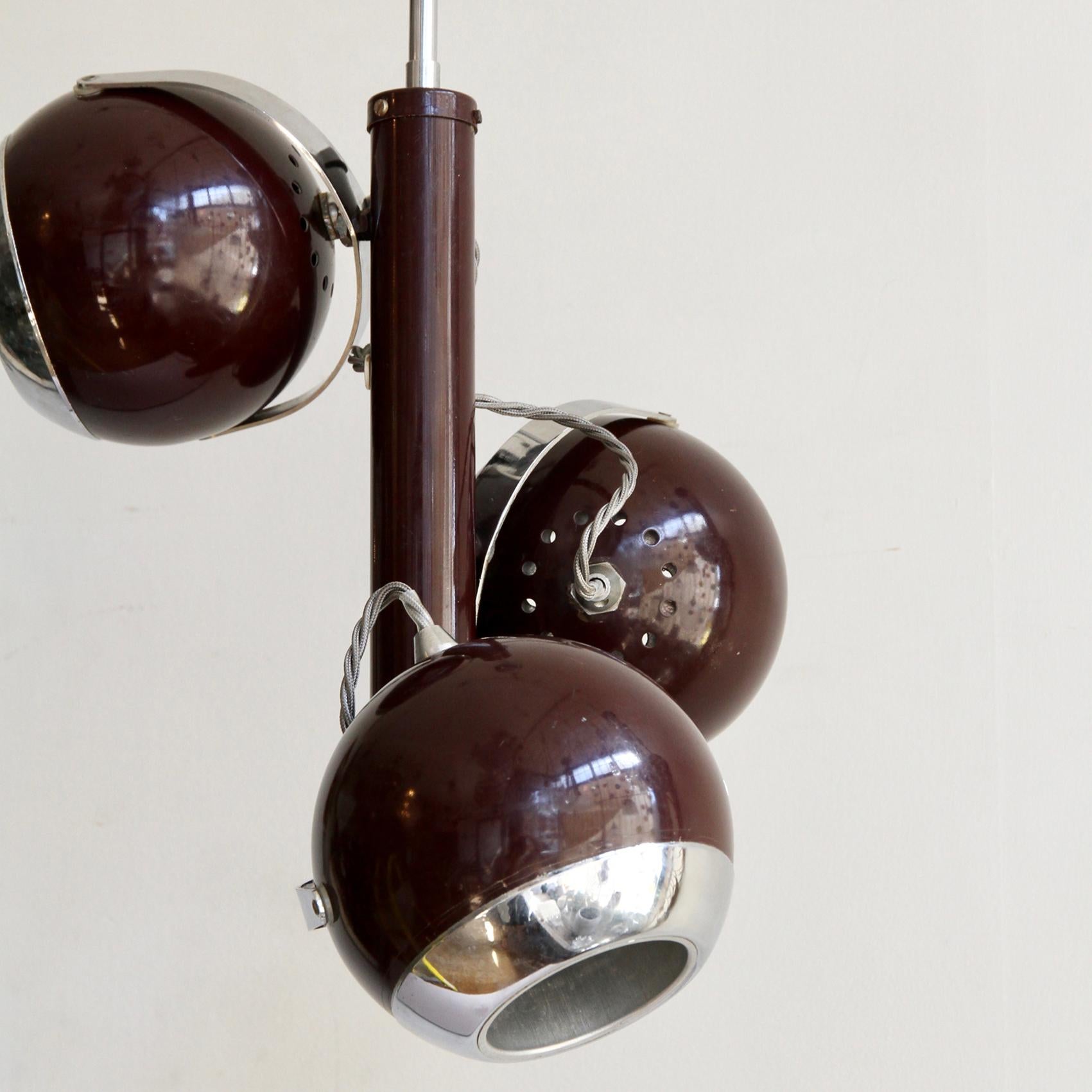 20th Century Burgundy and Chrome Atomic Pendant with Three Adjustable Shades For Sale