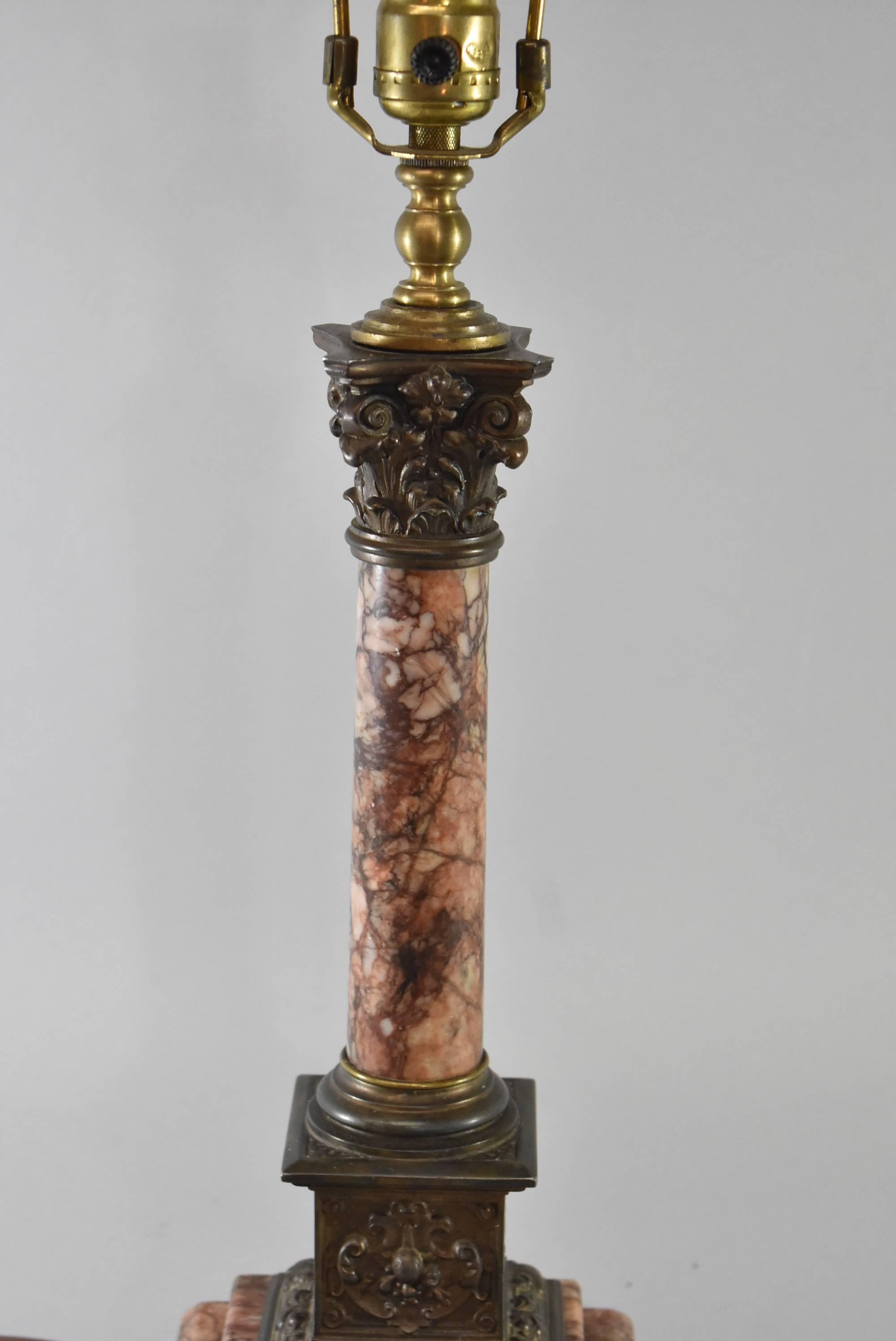 Empire Burgundy and Grey Marble Pillar Form Table Lamp Wood Base For Sale
