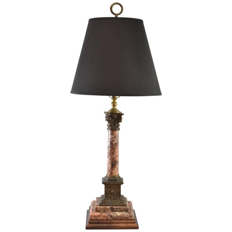 Burgundy and Grey Marble Pillar Form Table Lamp Wood Base For Sale at