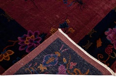 Burgundy Antique Art Deco Handmade Chinese Floral Motif Wool Rug