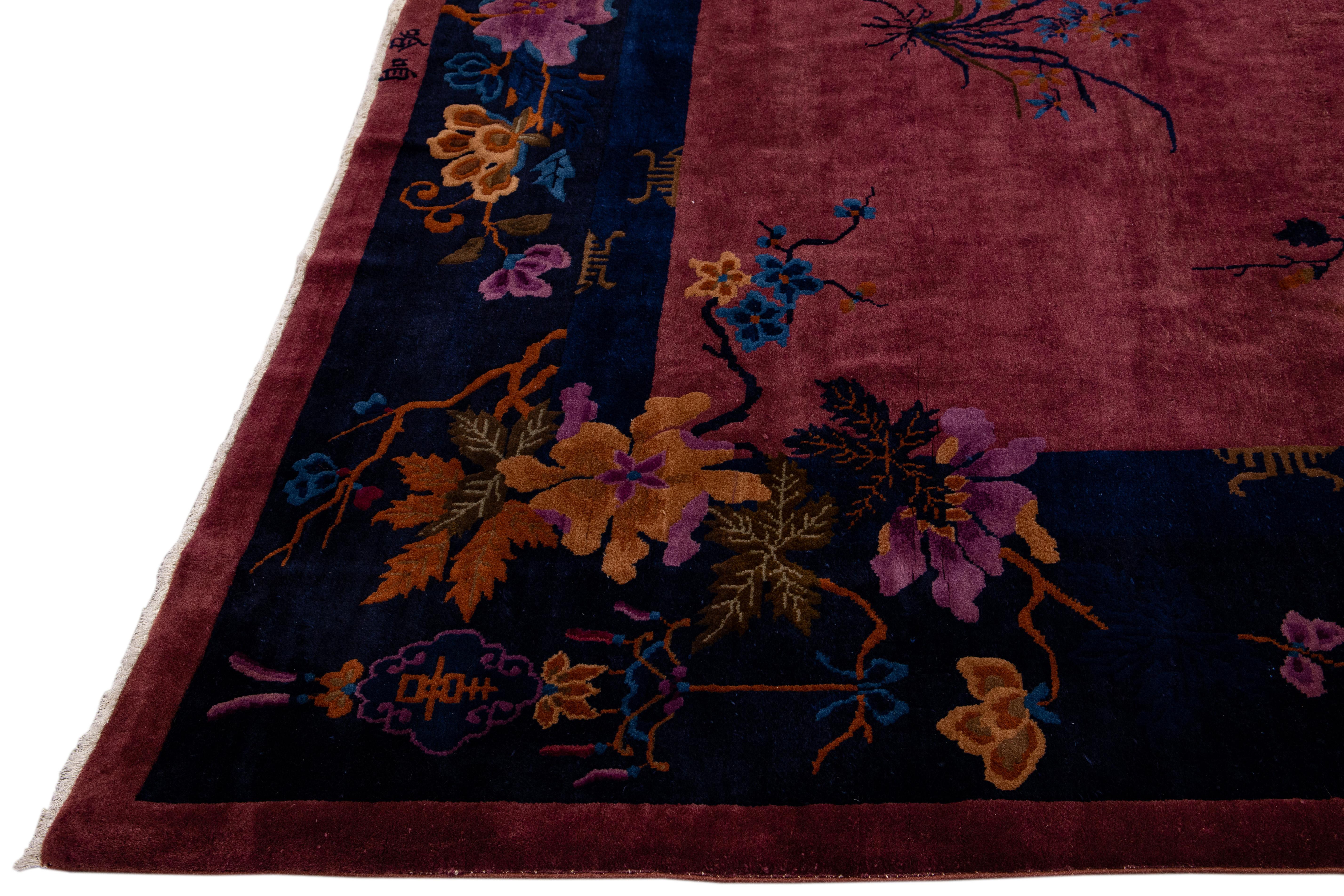 Burgundy Antique Art Deco Handmade Chinese Floral Motif Wool Rug In Excellent Condition For Sale In Norwalk, CT