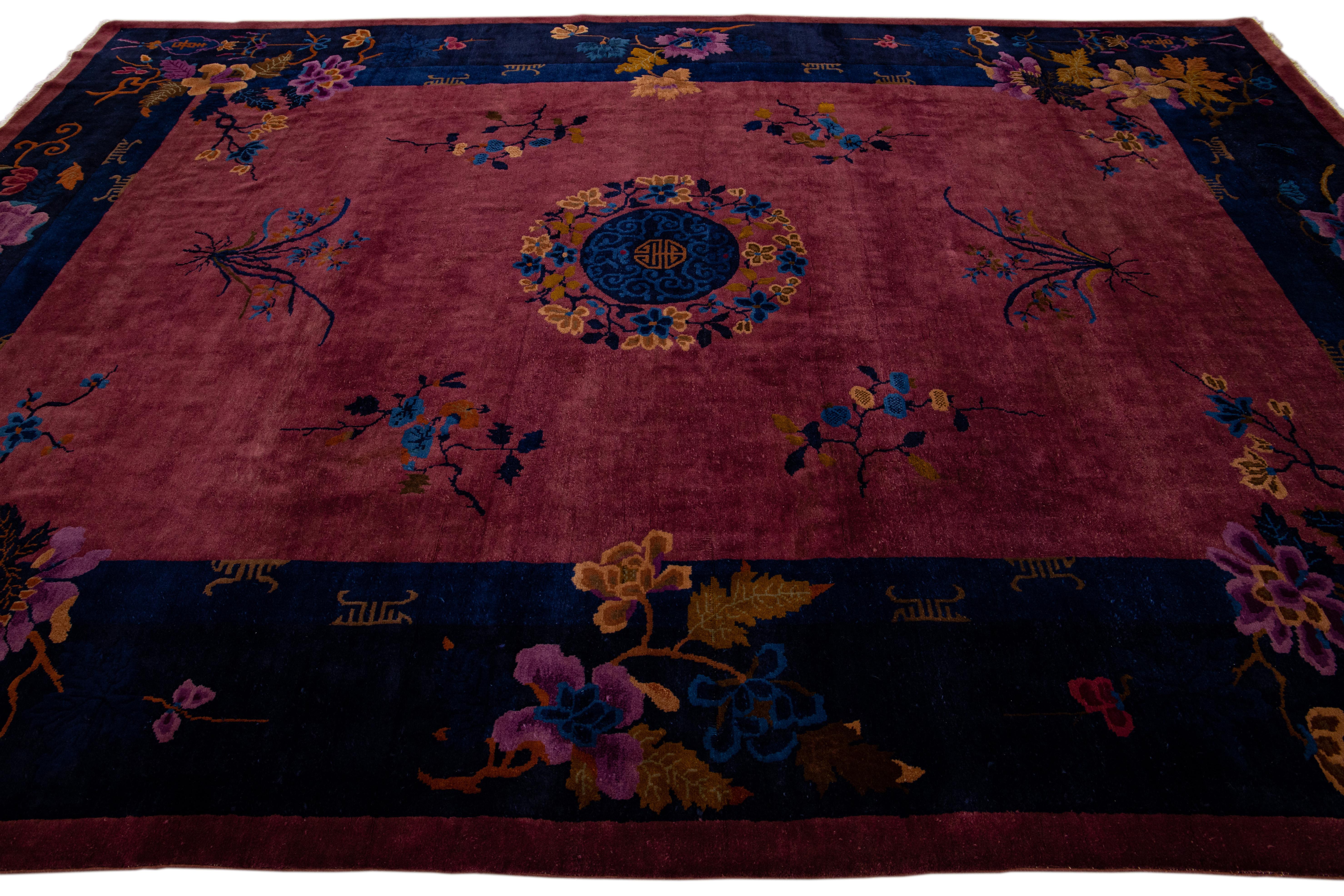 20th Century Burgundy Antique Art Deco Handmade Chinese Floral Motif Wool Rug For Sale