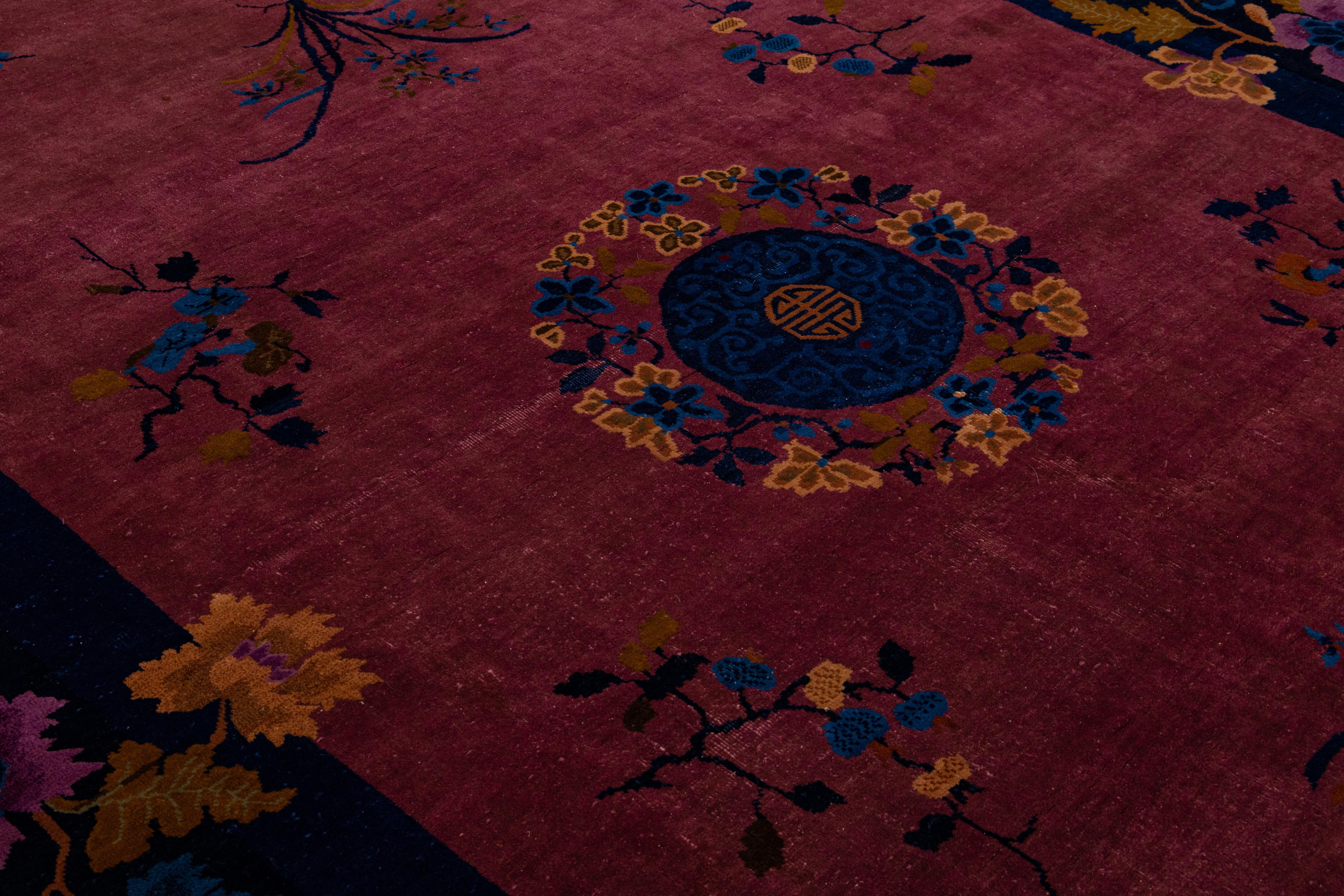 Other Burgundy Antique Art Deco Handmade Chinese Floral Motif Wool Rug For Sale