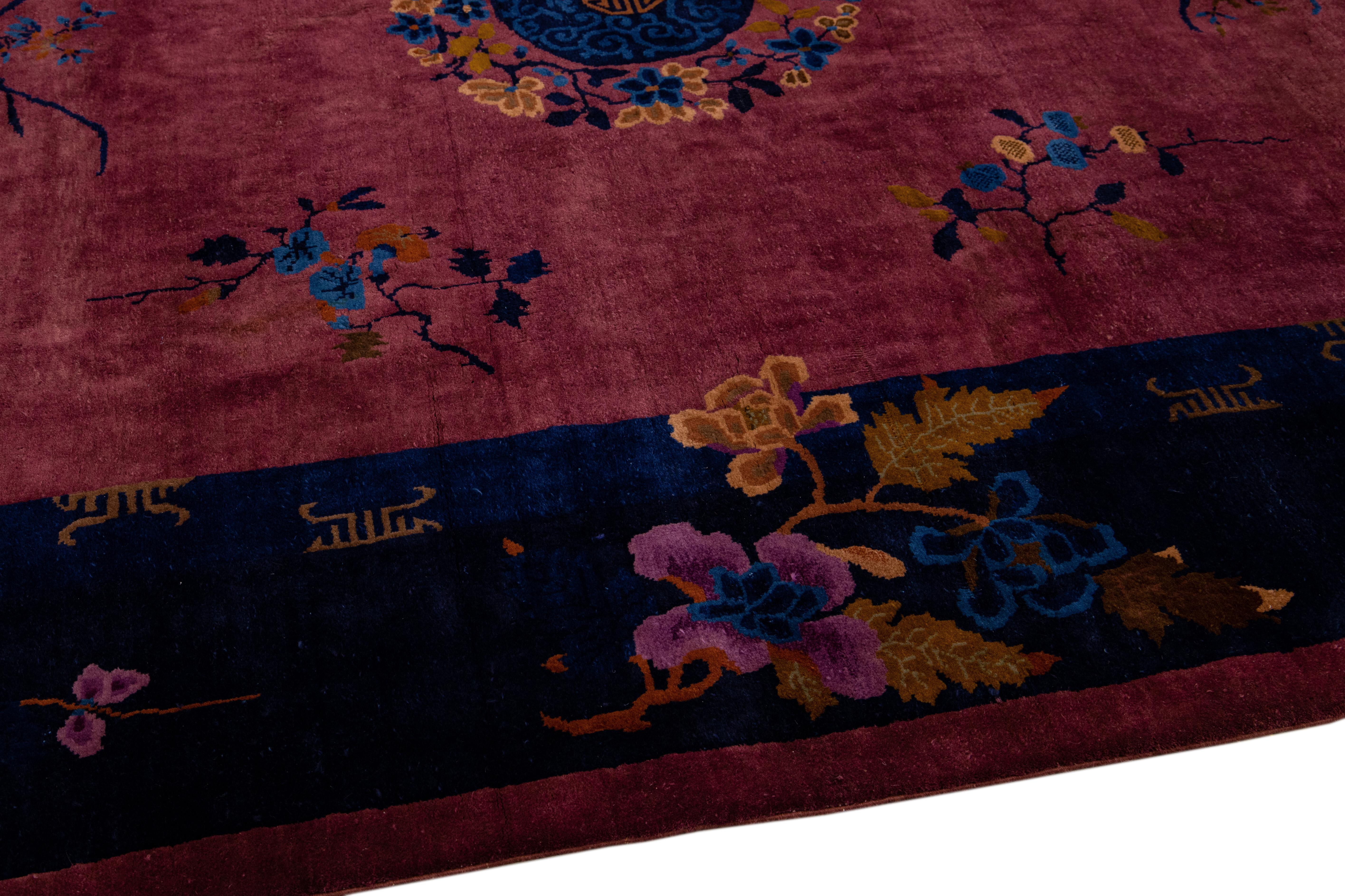 Burgundy Antique Art Deco Handmade Chinese Floral Motif Wool Rug For Sale 1