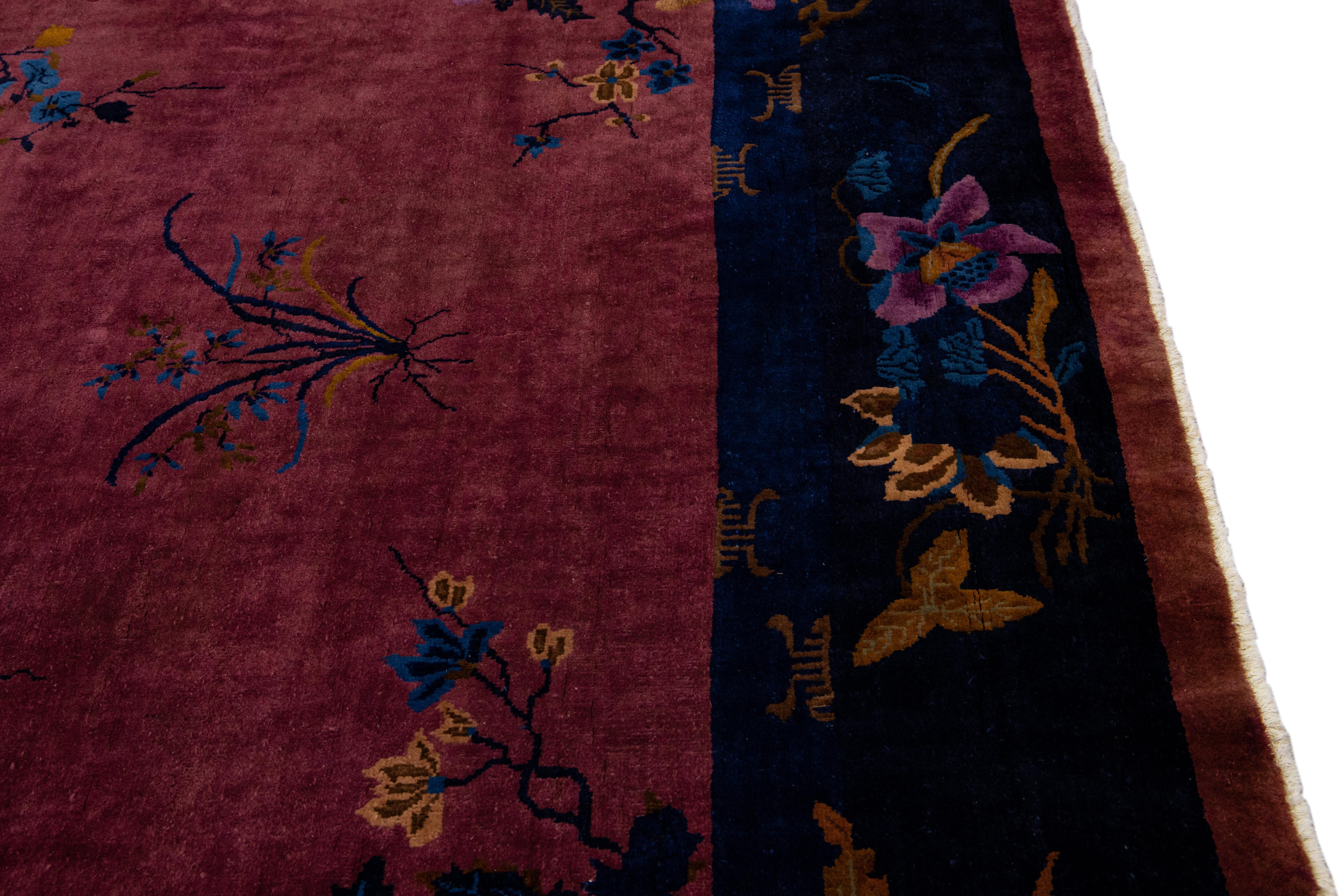Burgundy Antique Art Deco Handmade Chinese Floral Motif Wool Rug For Sale 2