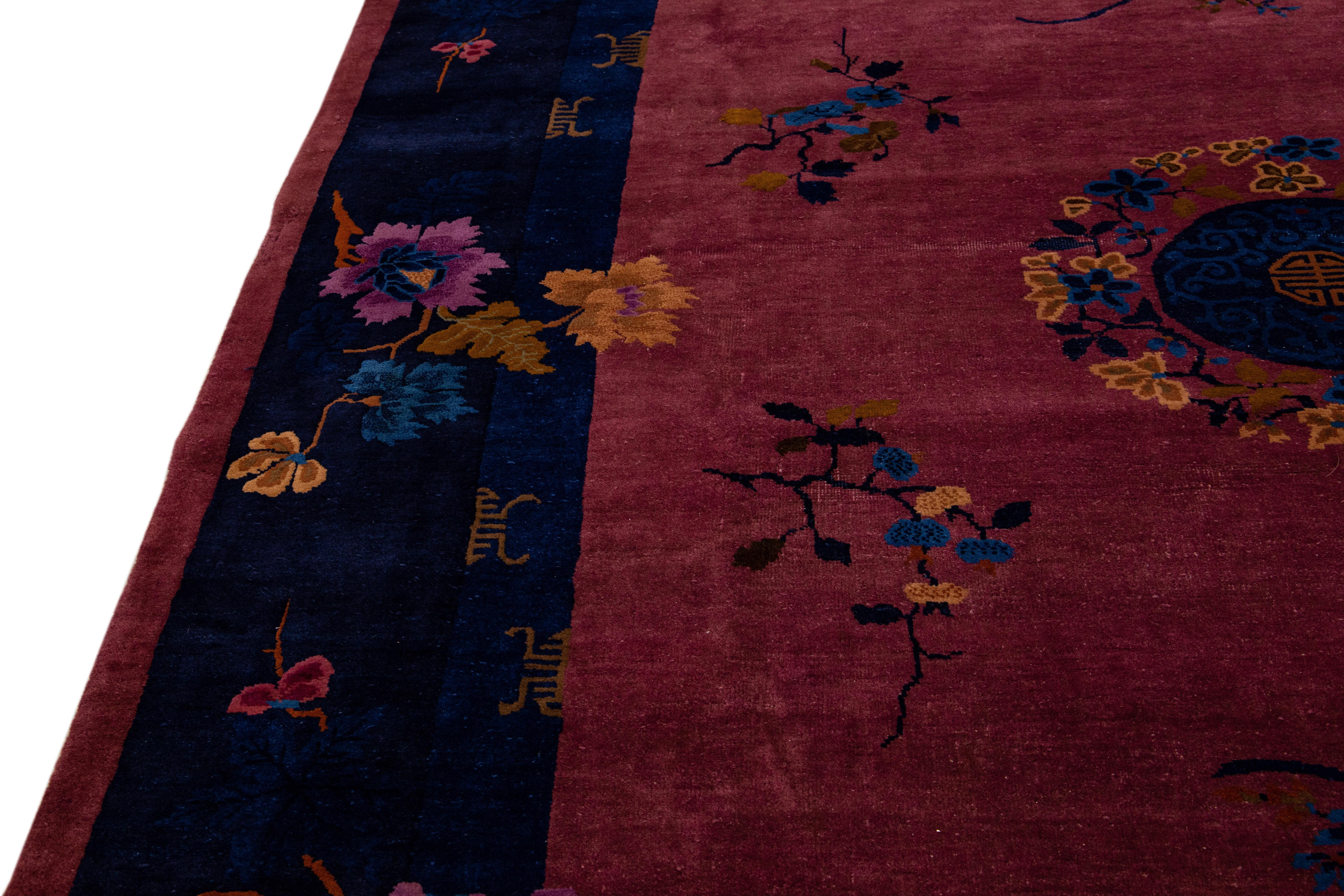Burgundy Antique Art Deco Handmade Chinese Floral Motif Wool Rug For Sale 3
