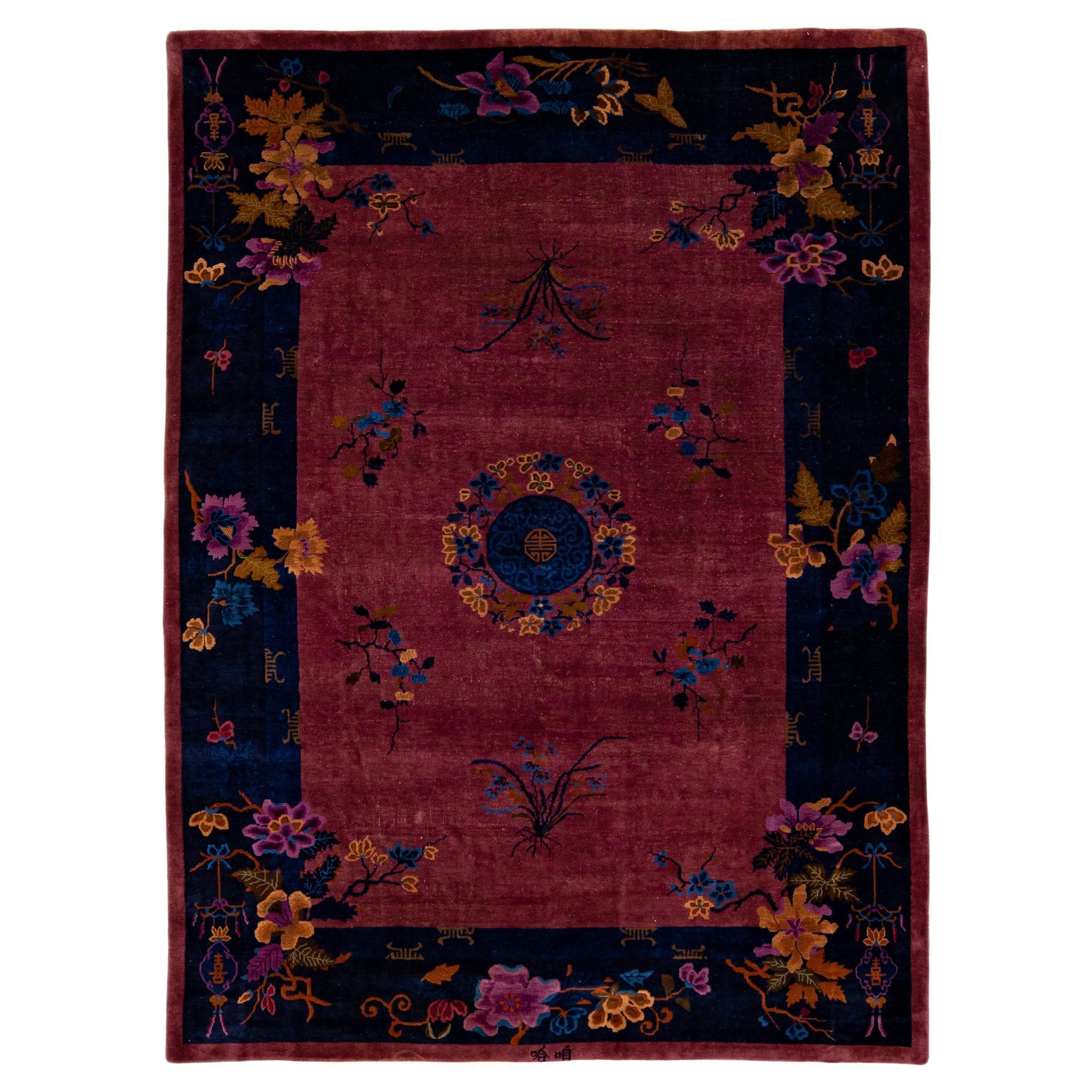 Burgundy Antique Art Deco Handmade Chinese Floral Motif Wool Rug For Sale