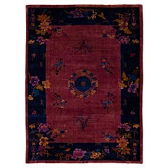 Burgundy Vintage Art Deco Handmade Chinese Floral Motif Wool Rug