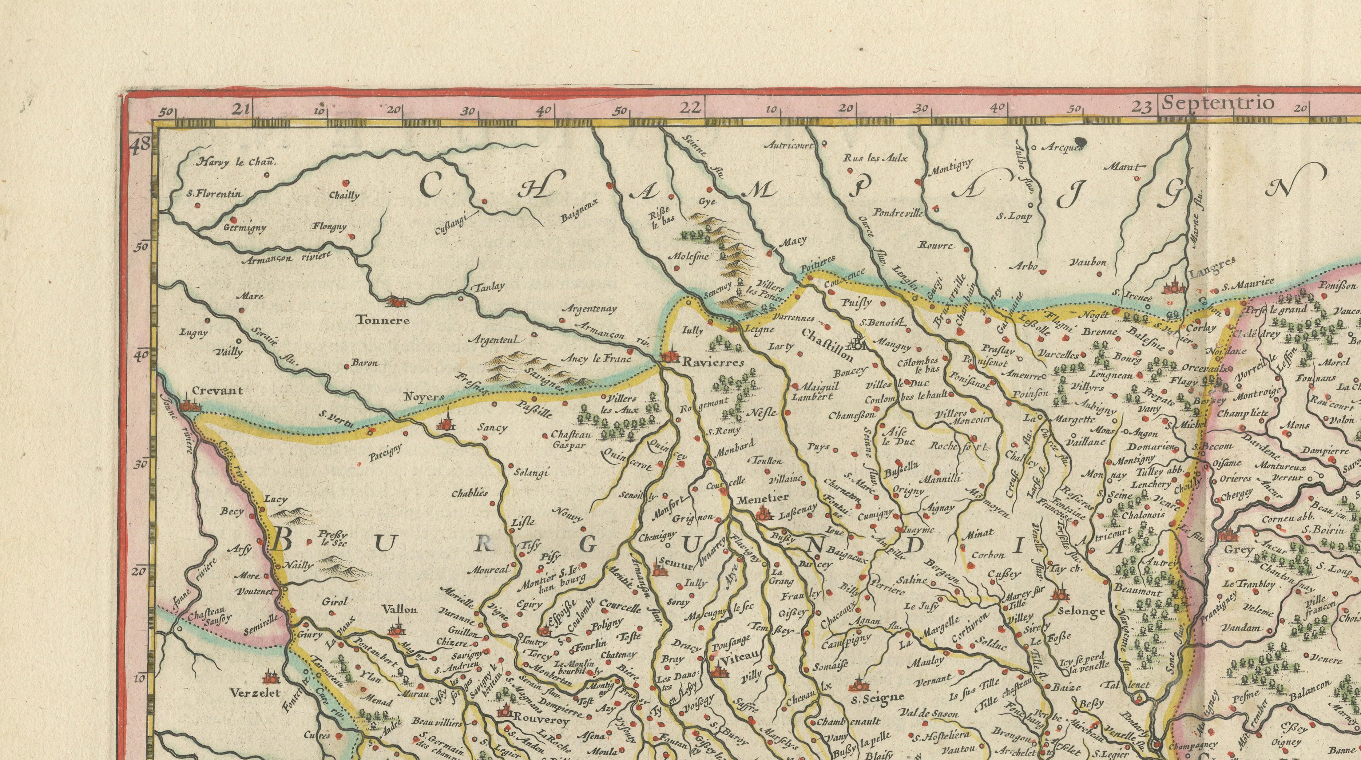 Burgundy Antique Blaeu Atlas Map of Burgundy and Franche-Comté, 1642