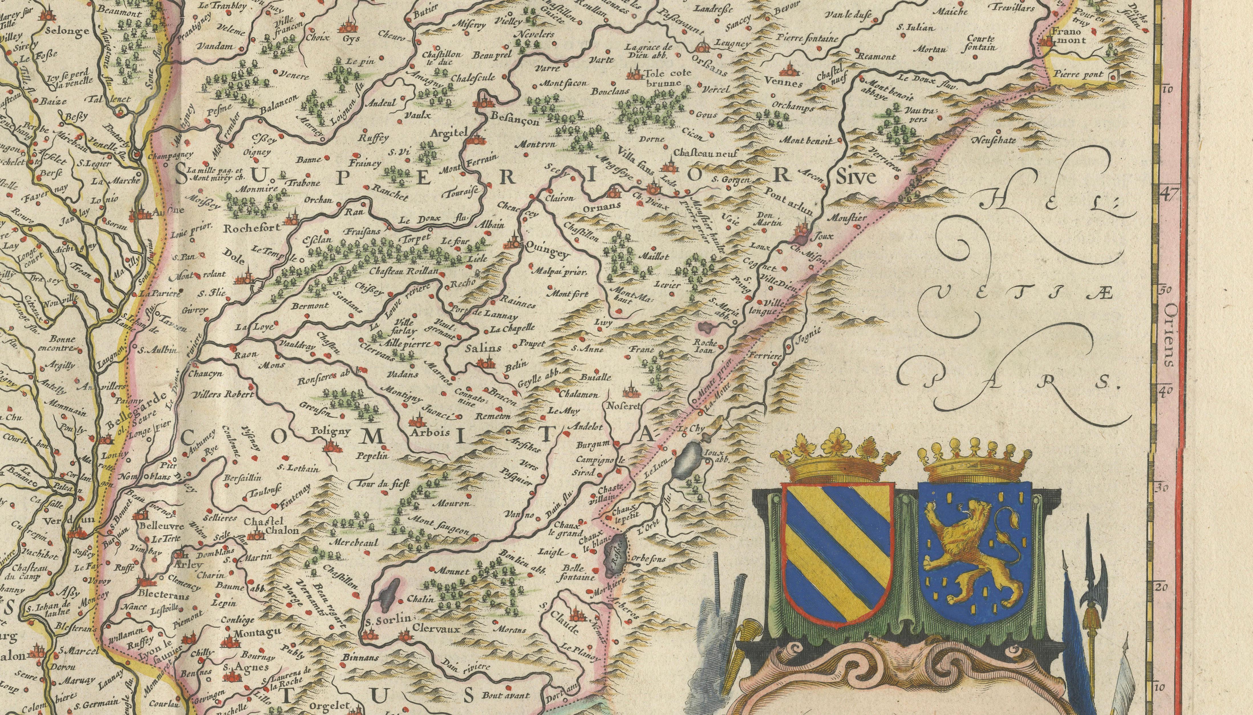 Burgundy Antique Blaeu Atlas Map of Burgundy and Franche-Comté, 1642