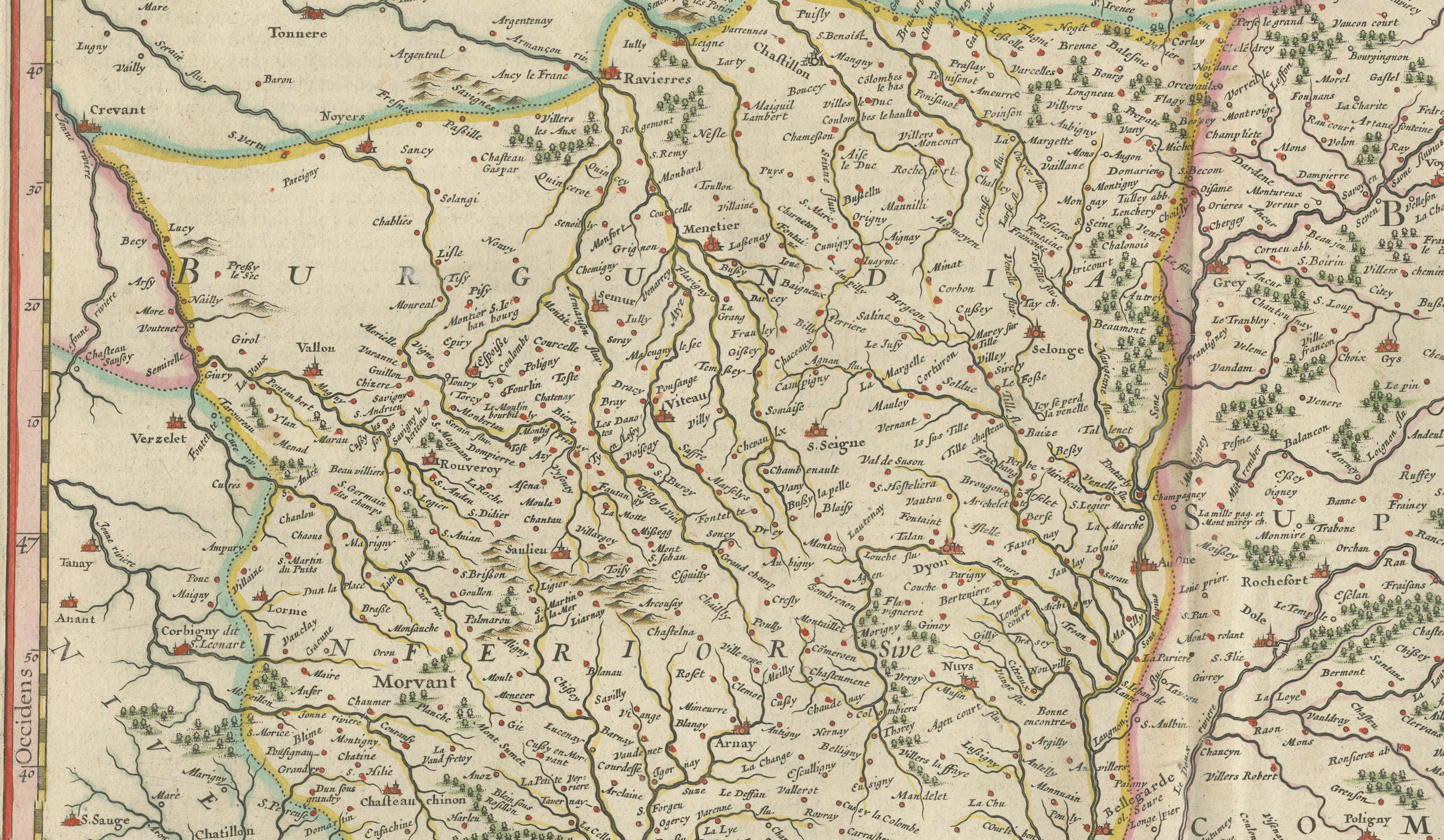 Burgundy Antique Blaeu Atlas Map of Burgundy and Franche-Comté, 1642