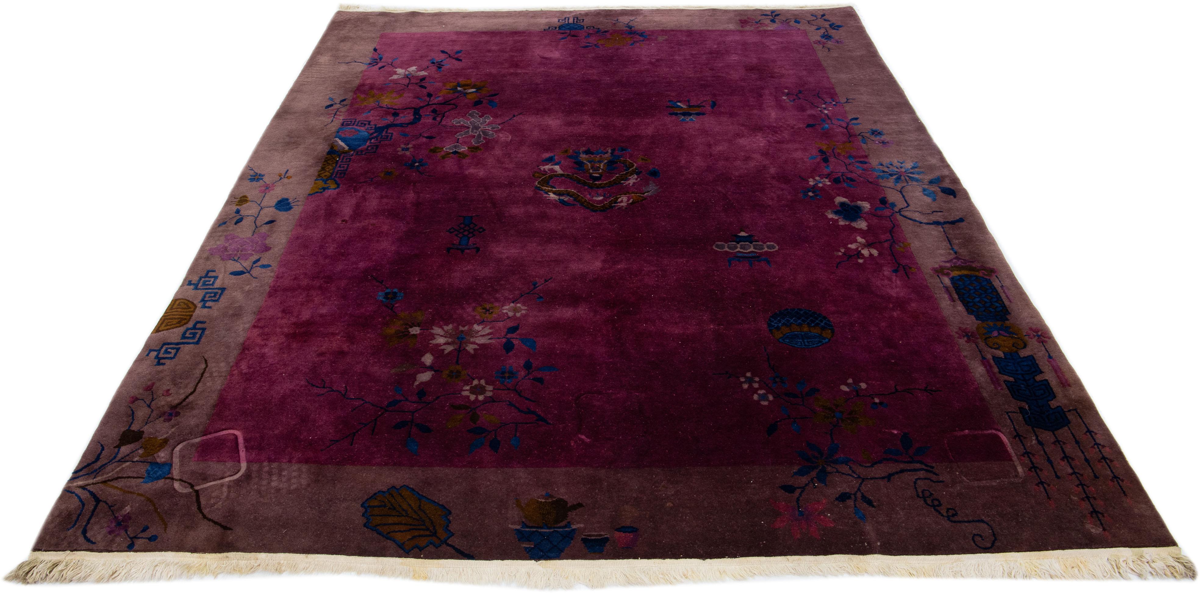 Hand-Knotted Burgundy Antique Chinese Art Deco Handmade Wool Rug with a Traditional Design For Sale