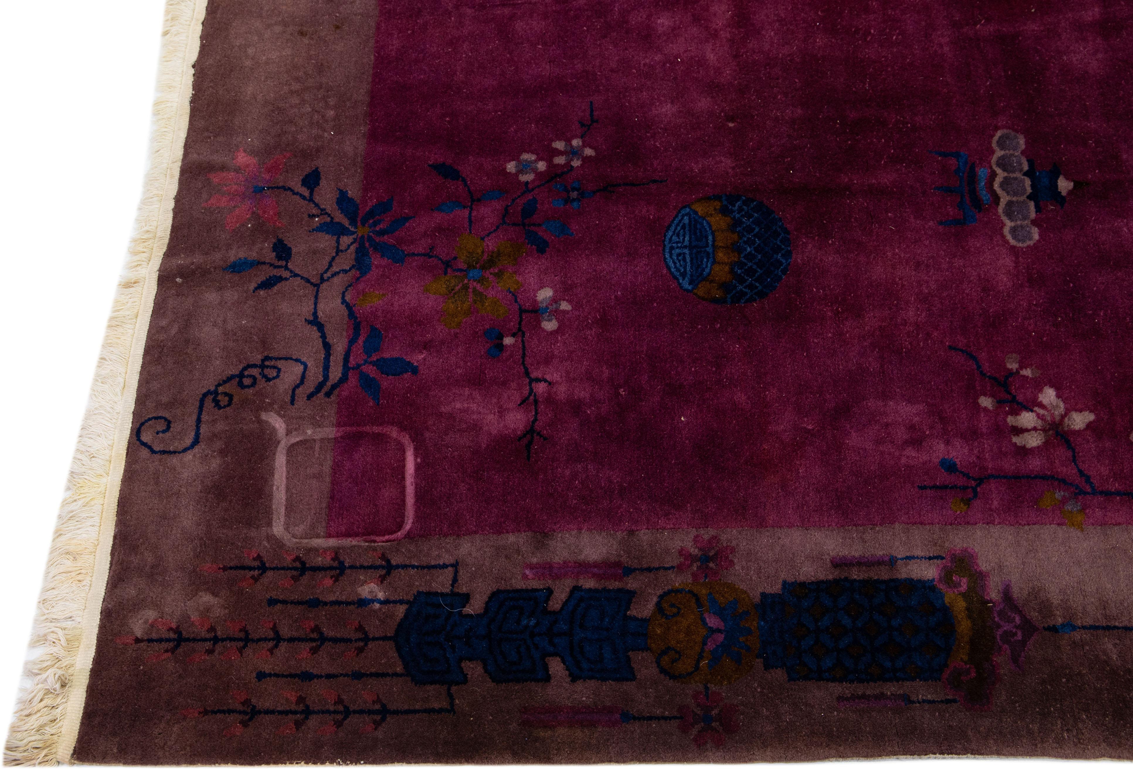 Burgundy Antique Chinese Art Deco Handmade Wool Rug with a Traditional Design In Excellent Condition For Sale In Norwalk, CT
