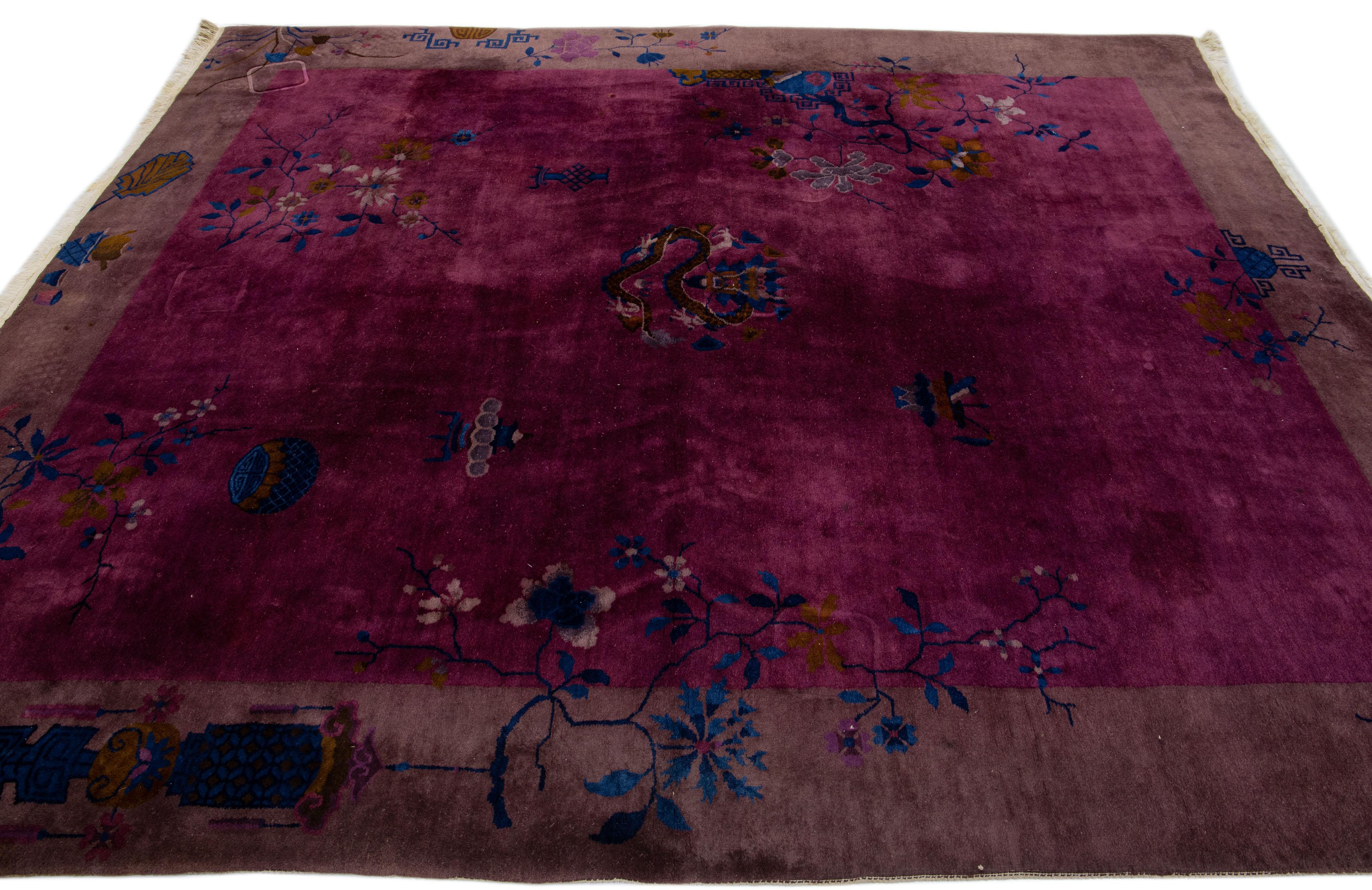 20th Century Burgundy Antique Chinese Art Deco Handmade Wool Rug with a Traditional Design For Sale